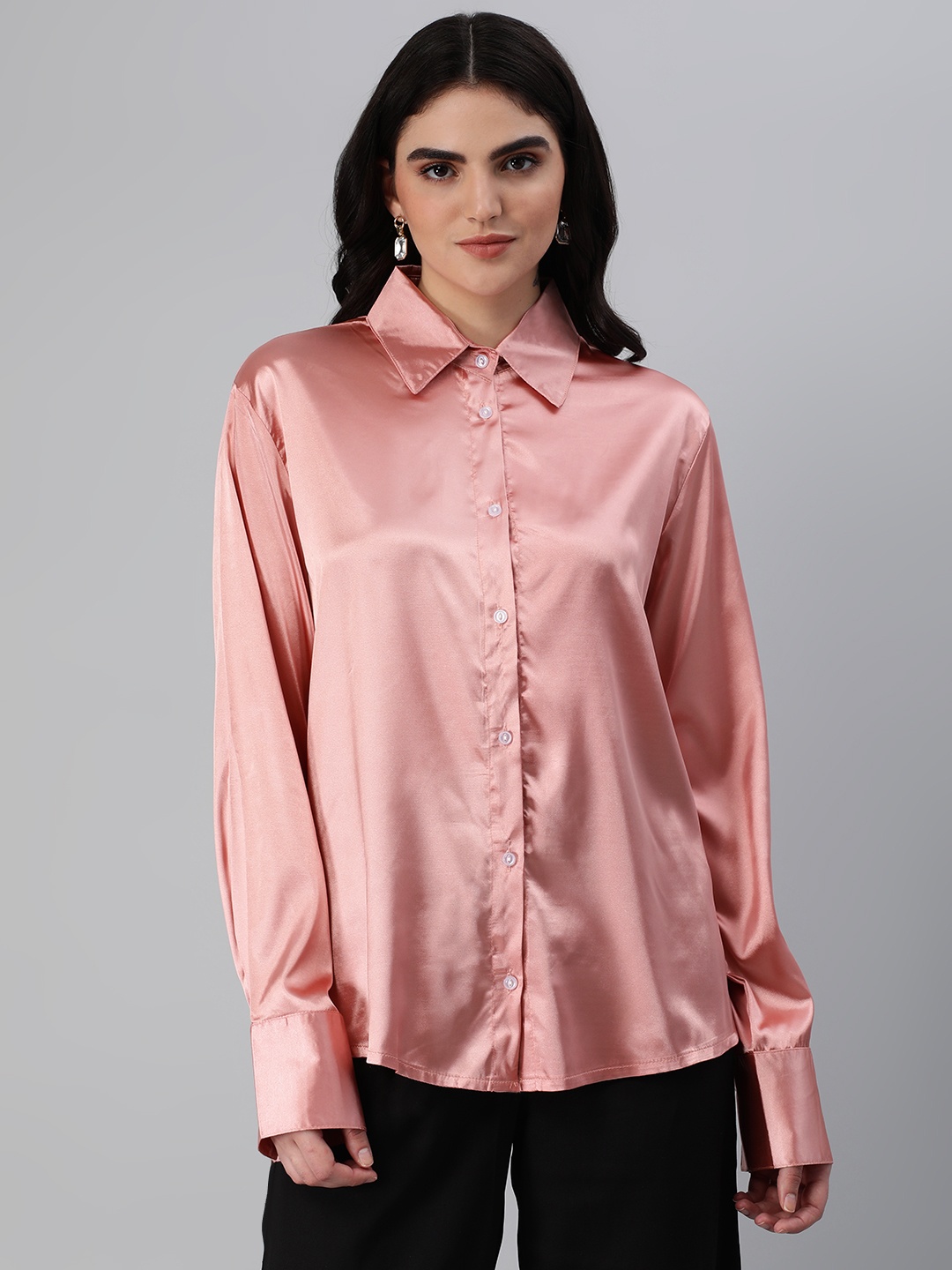 

London Rag Solid Opaque Satin Casual Shirt, Pink