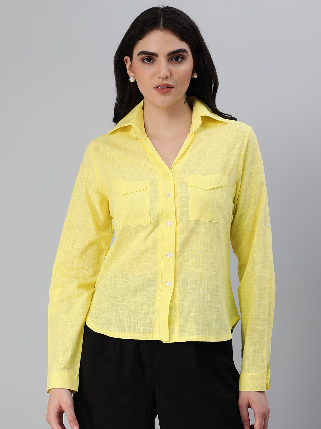 

London Rag Solid Opaque Cotton Casual Shirt, Yellow