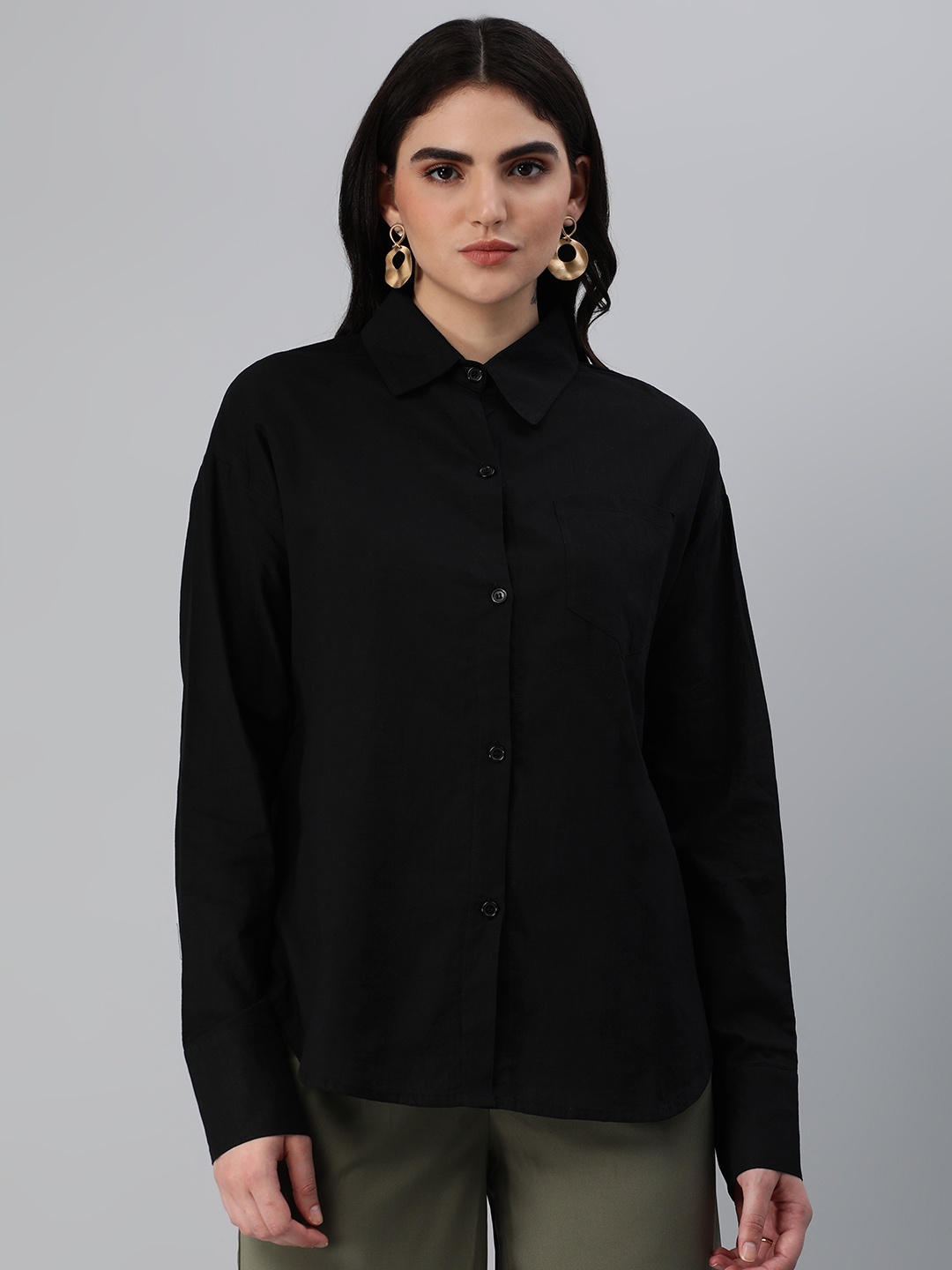 

London Rag Solid Opaque Cotton Casual Shirt, Black