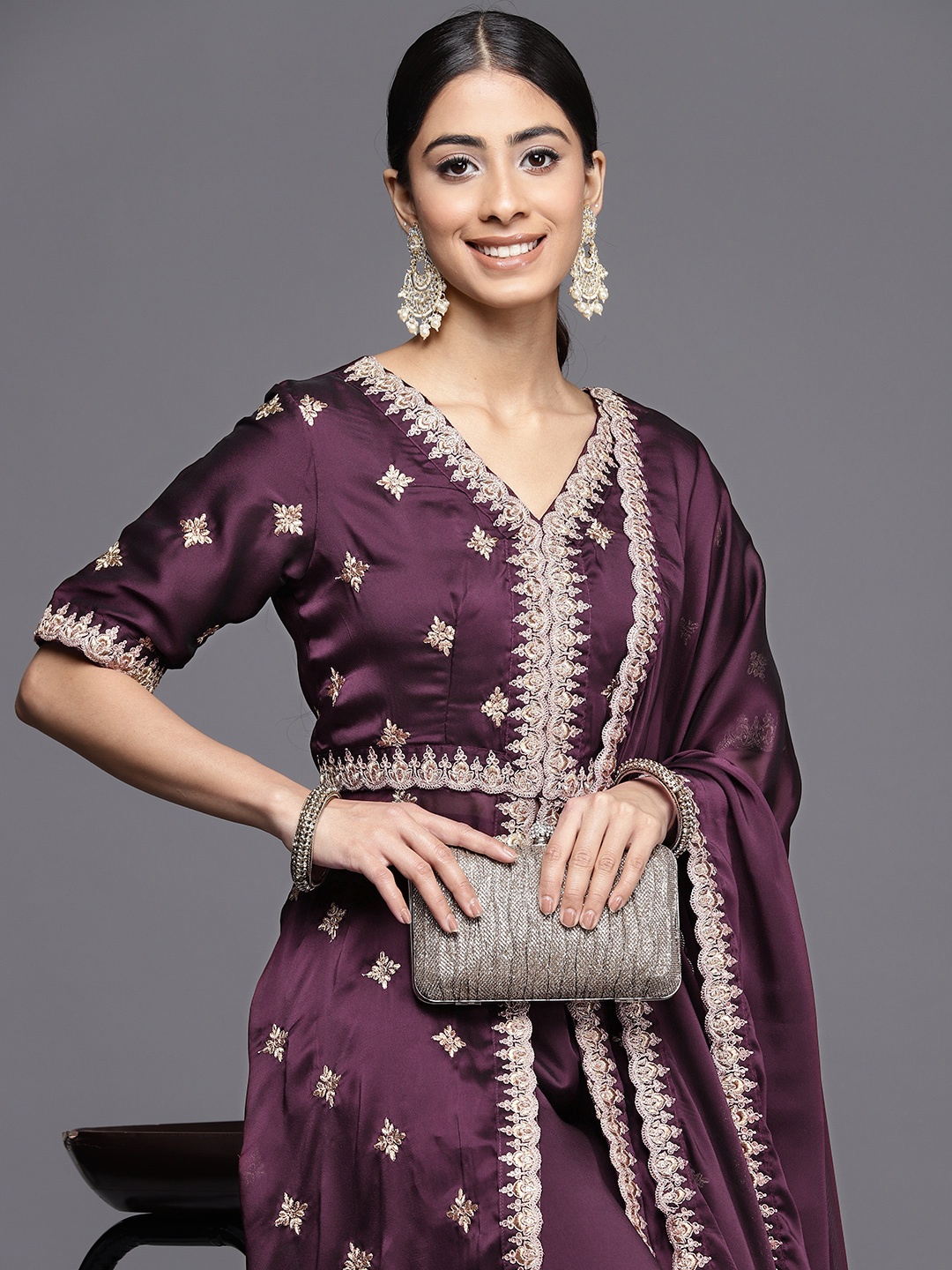 

Inddus Ethnic Motifs Embroidered High Slit Sequinned Kurta with Sharara & Dupatta, Burgundy