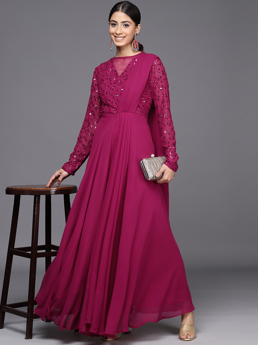 

Inddus Floral Sequined Embroidered Gown with Draped Dupatta, Pink