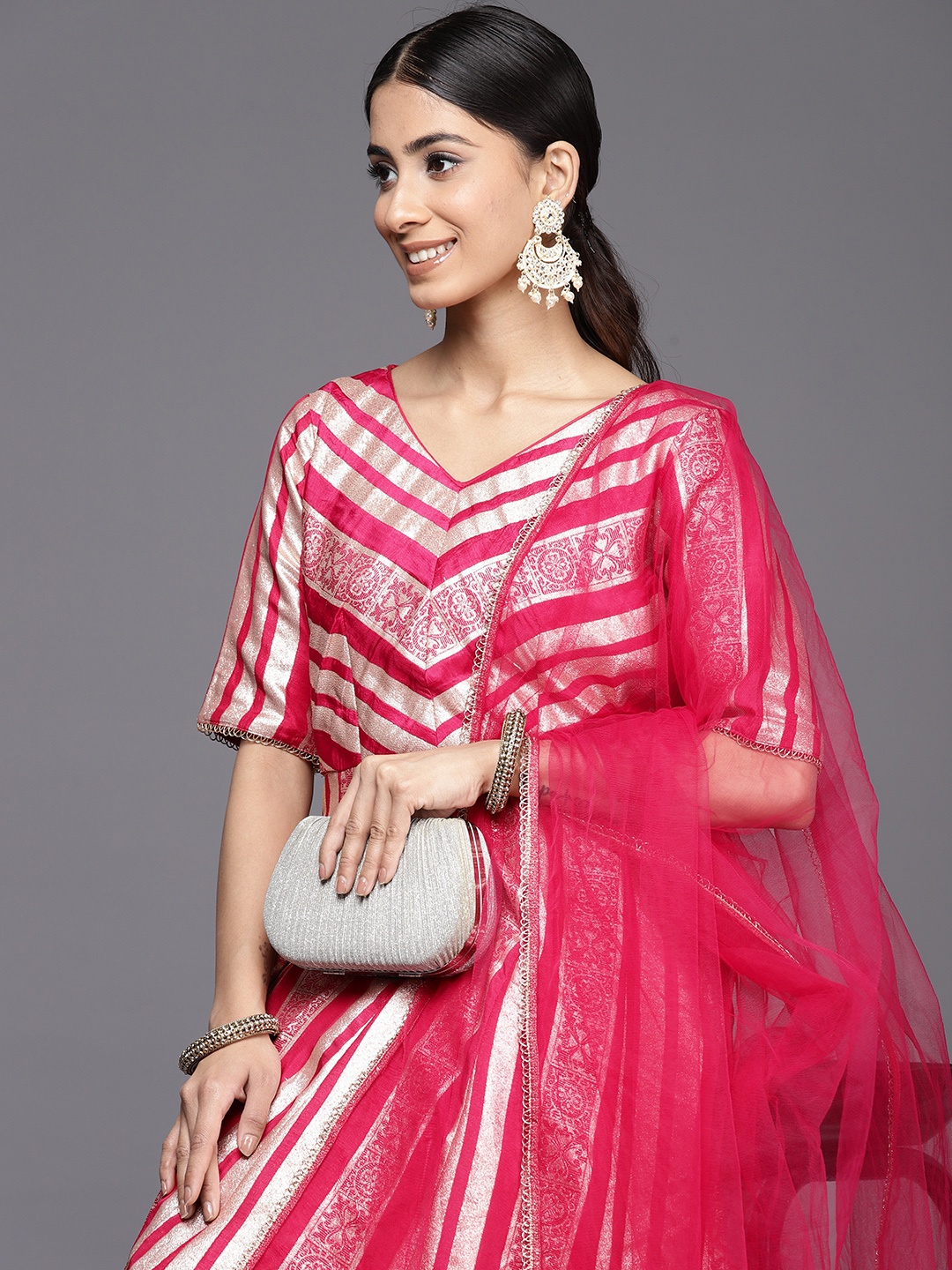 

Inddus Striped Zari Anarkali Kurta With Dupatta, Magenta
