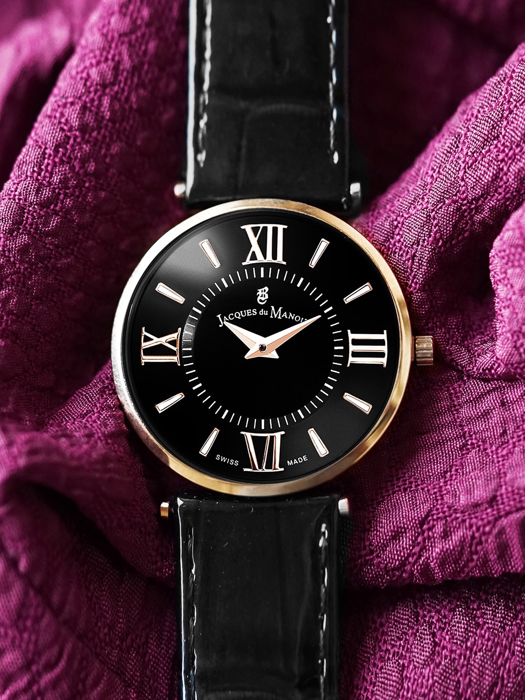 

JACQUES du MANOIR Brass Printed Dial & Leather Bracelet Style Straps Watch JCR 01, Black