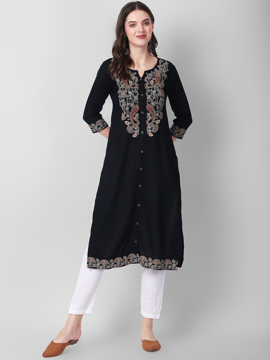 

KALINI Ethnic Motifs Embroidered Notched Neck Kurta, Black