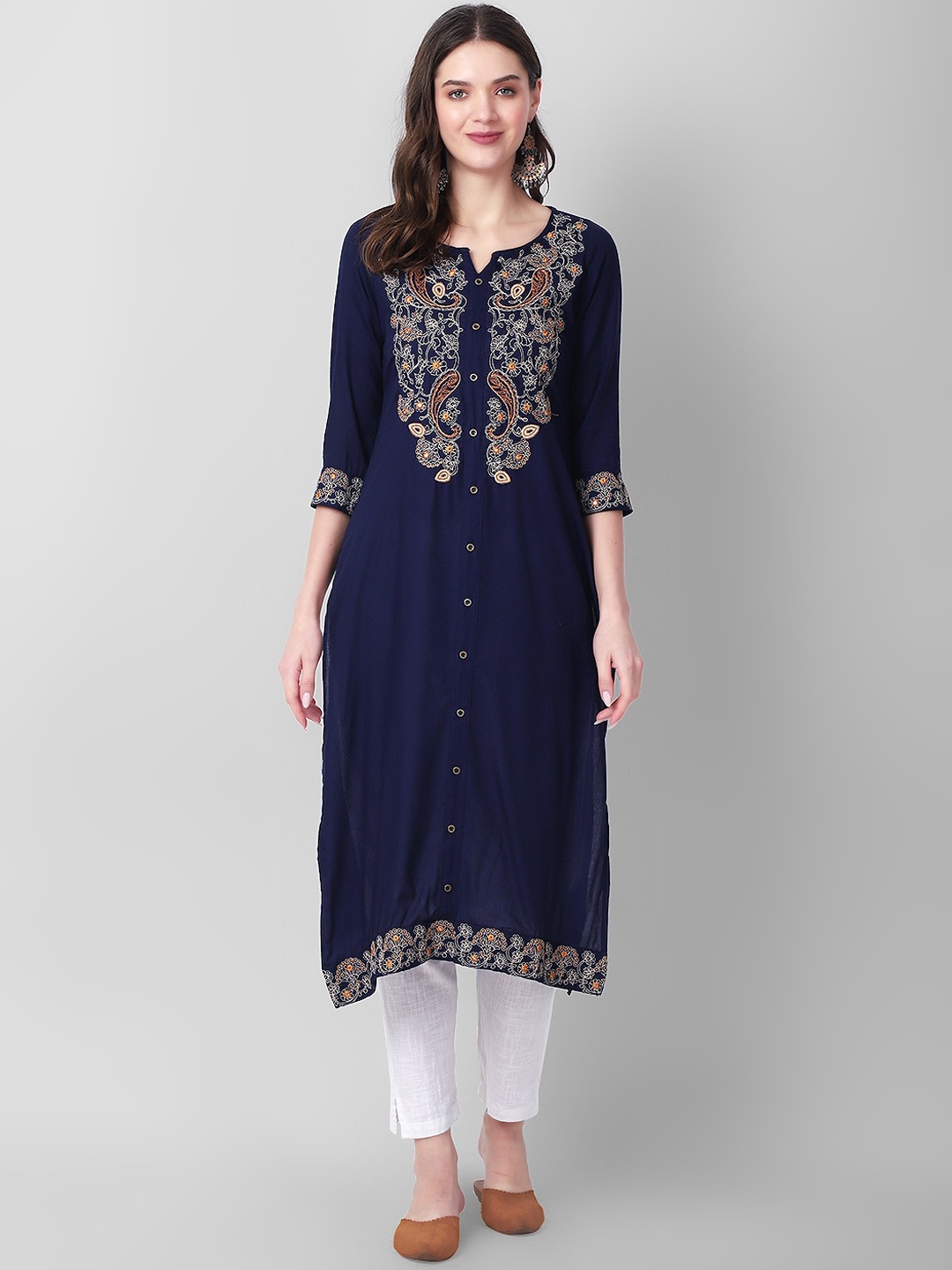 

KALINI Ethnic Motifs Embroidered Notched Neck Kurta, Navy blue