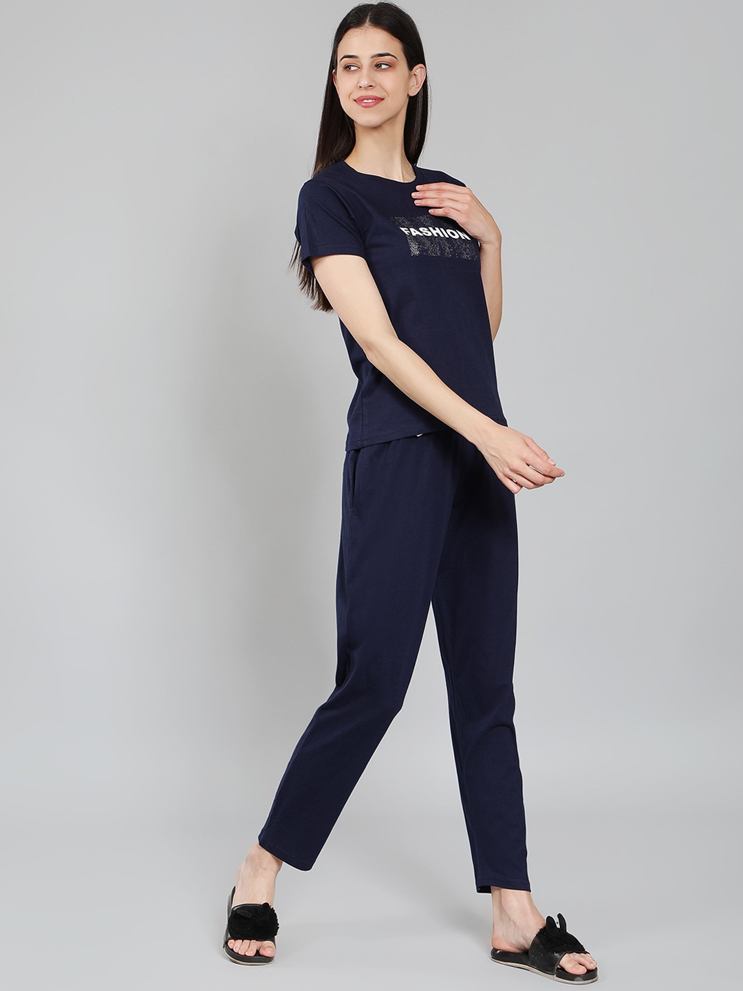 

HotGown Typography Printed Night Suit, Navy blue