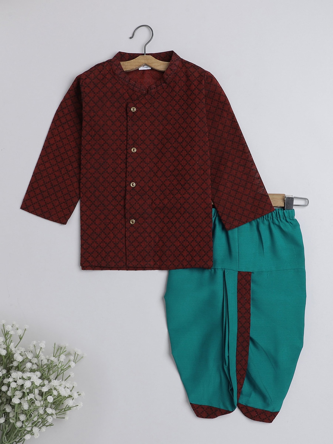 

The Magic Wand Boys Woven Design Pure Cotton Kurta With Dhoti Pants, Maroon