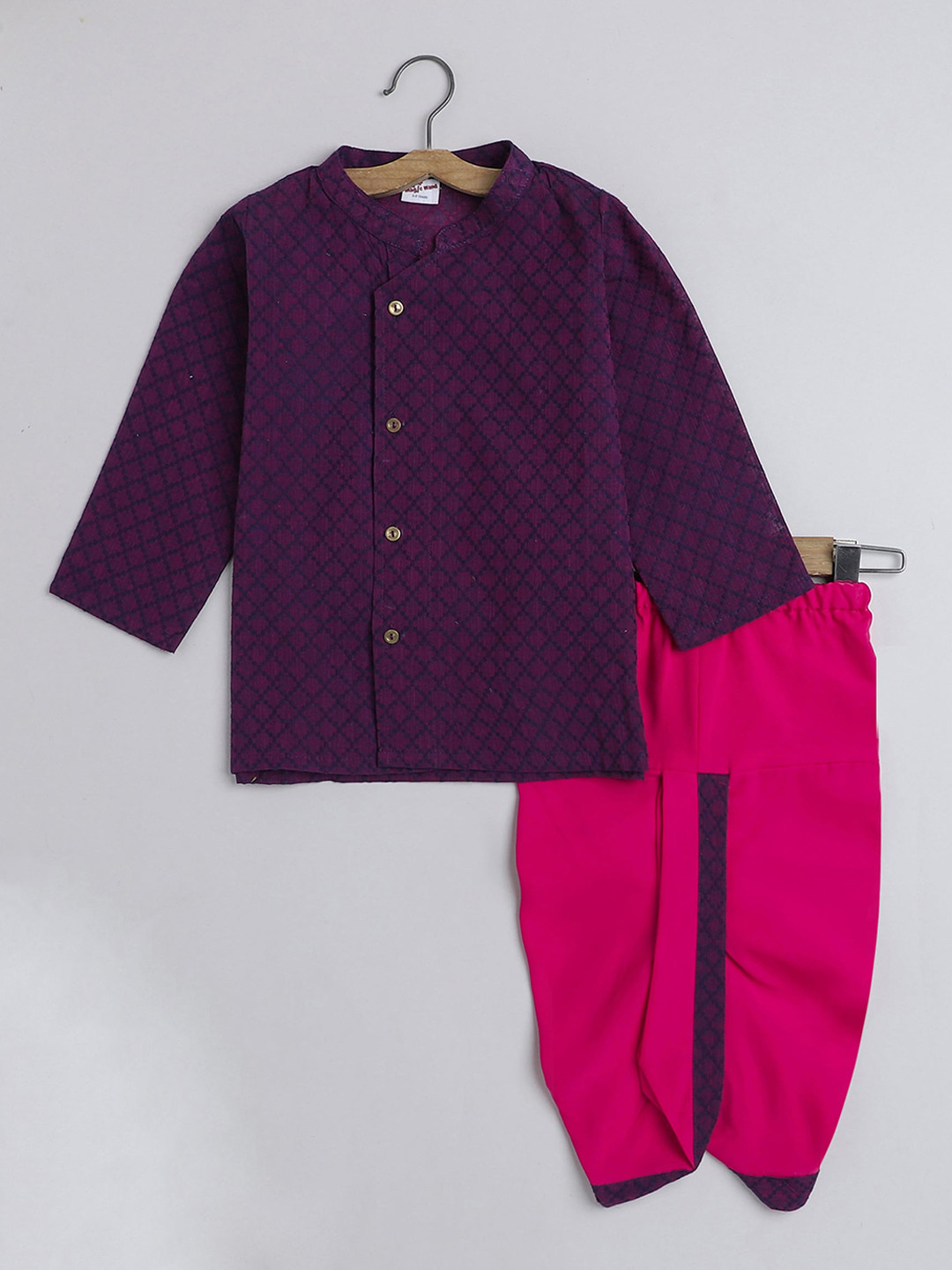 

The Magic Wand Boys Woven Design Band Collar Pure Cotton Kurta With Dhoti Pants, Purple