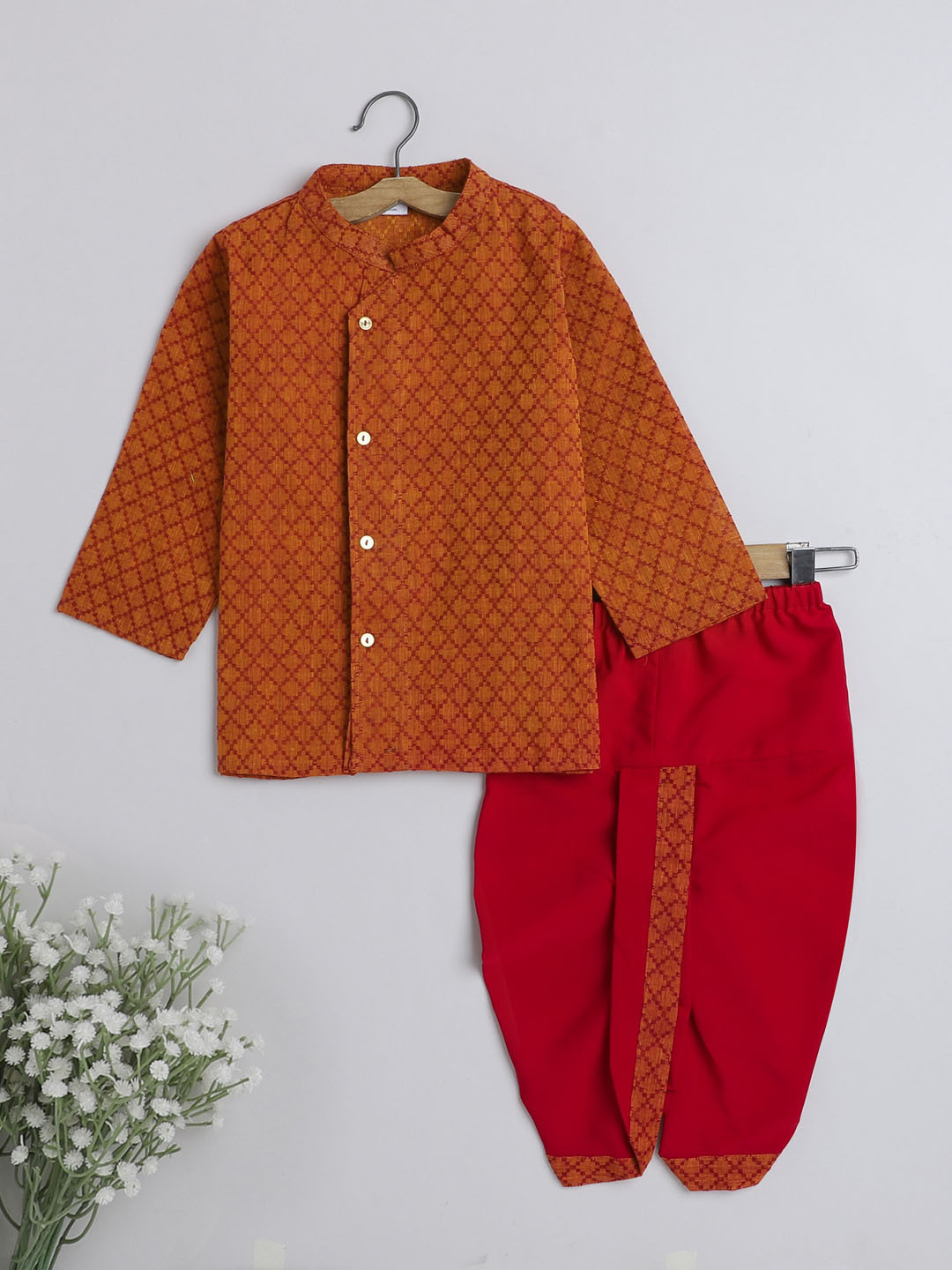 

The Magic Wand Boys Woven Design Band Collar Pure Cotton Kurta With Dhoti Pants, Mustard
