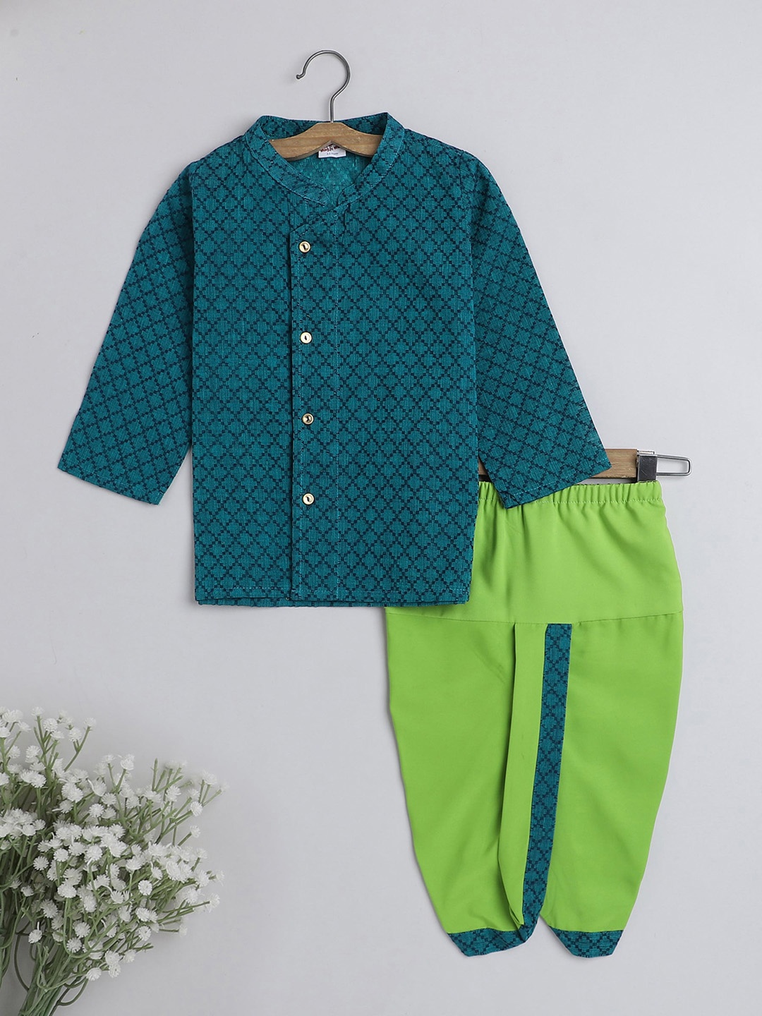 

The Magic Wand Boys Geometric Woven Design Pure Cotton Kurta with Dhoti Pants, Teal