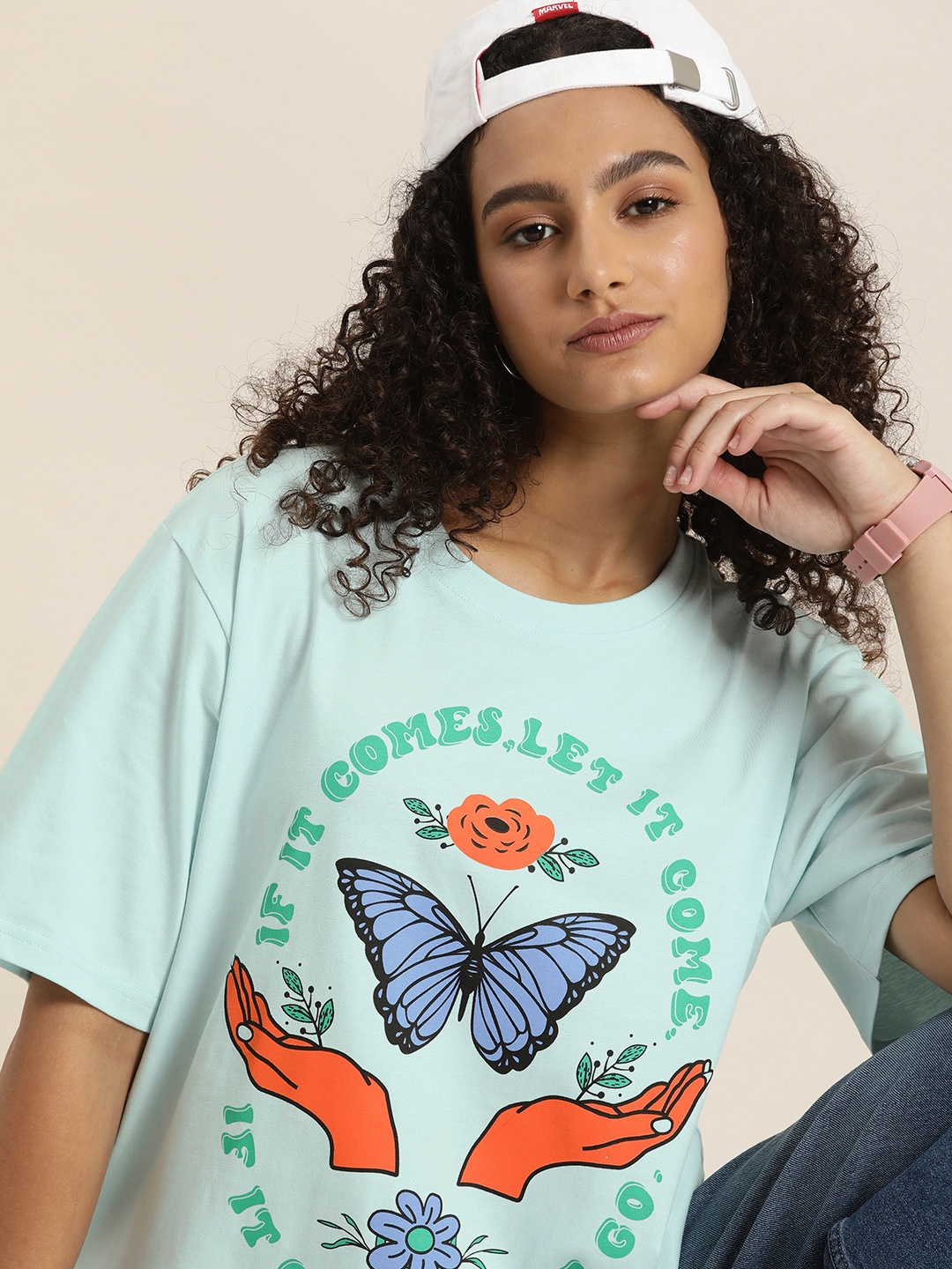 

DILLINGER Pure Cotton Printed Drop-Shoulder Sleeves Oversized T-shirt, Blue