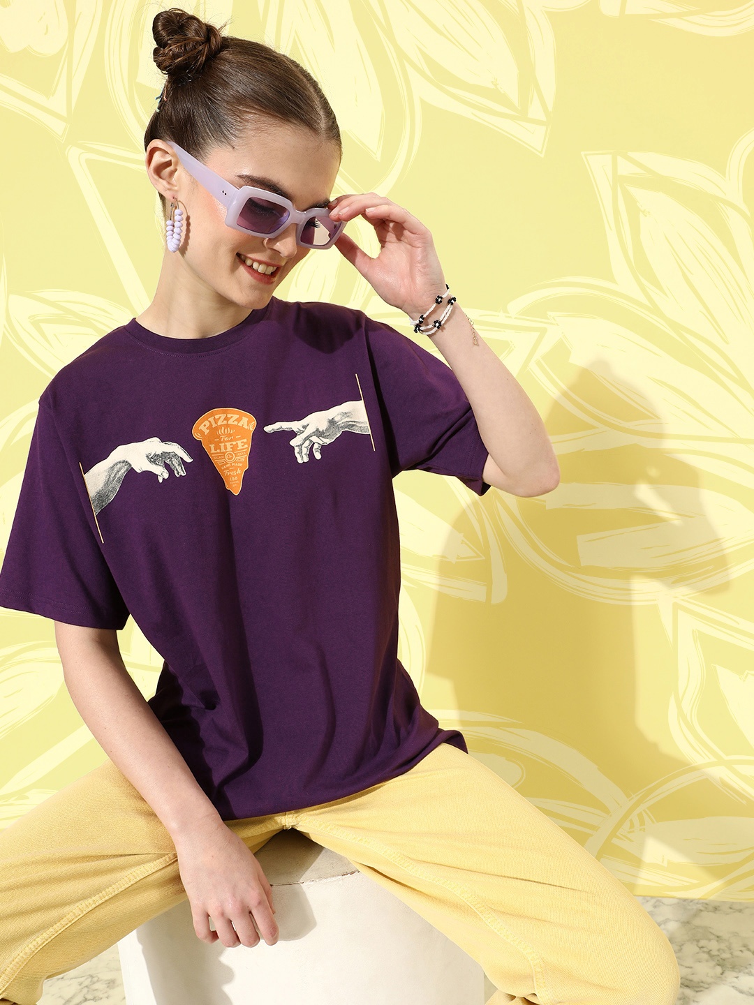 

DILLINGER Purple & Yellow Printed Oversized Pure Cotton Longline T-shirt