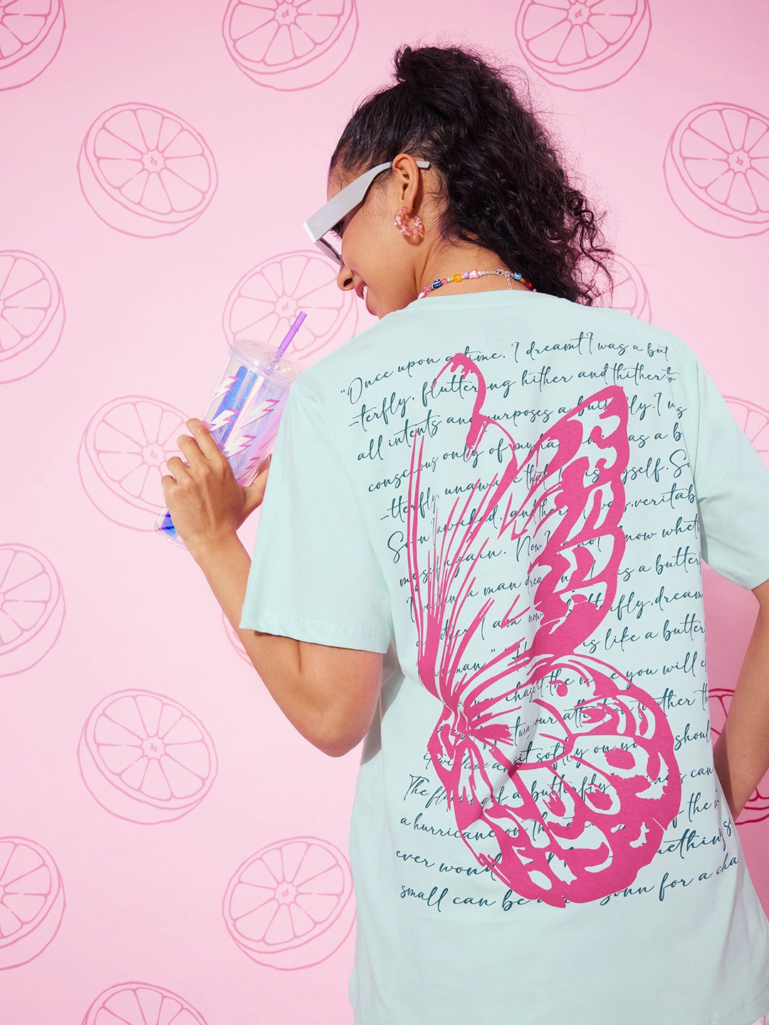 

DILLINGER Blue & Pink Typography Printed Oversized Pure Cotton Longline T-shirt
