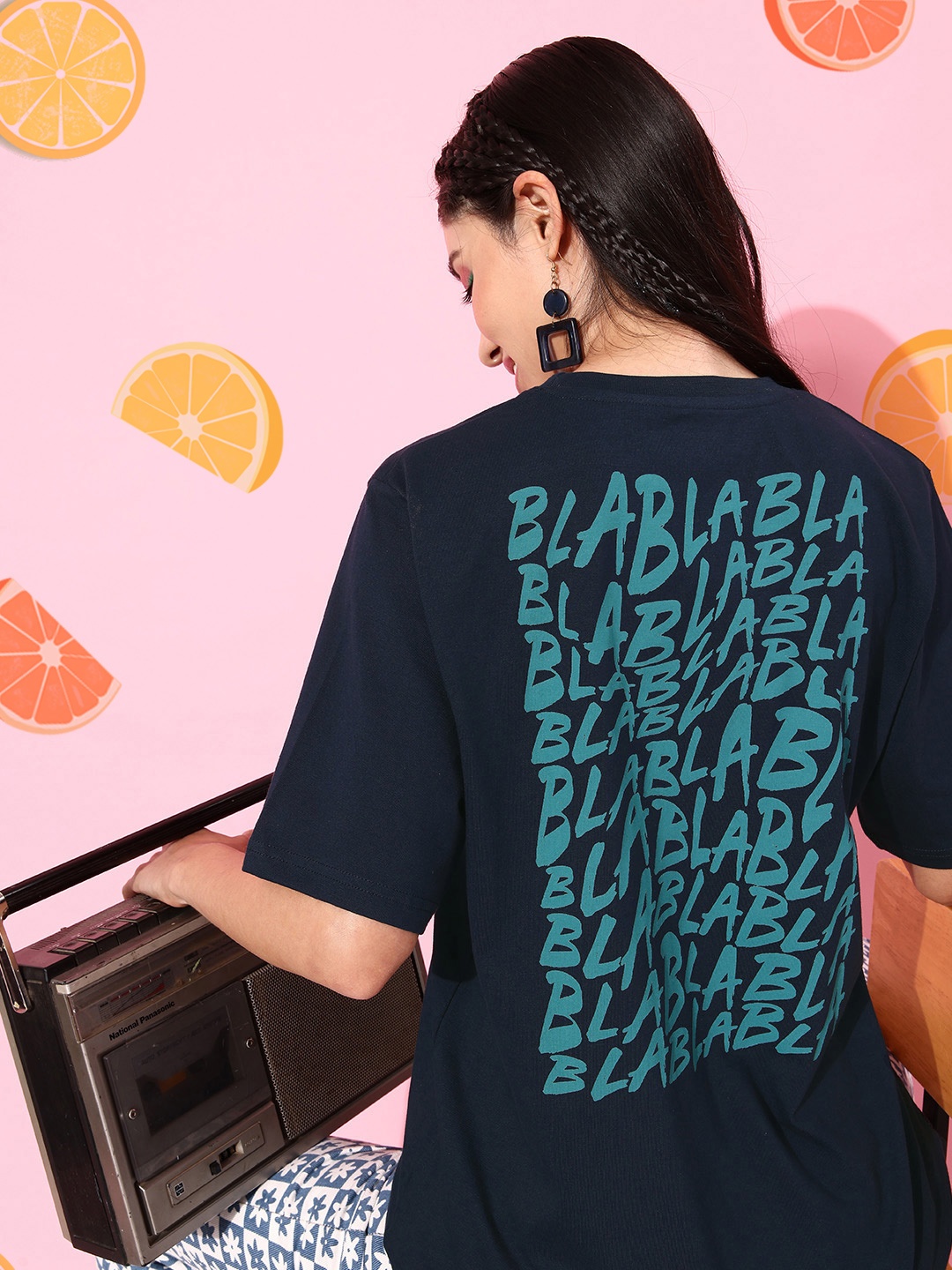 

DILLINGER Women Typography Printed Oversized T-shirt, Navy blue