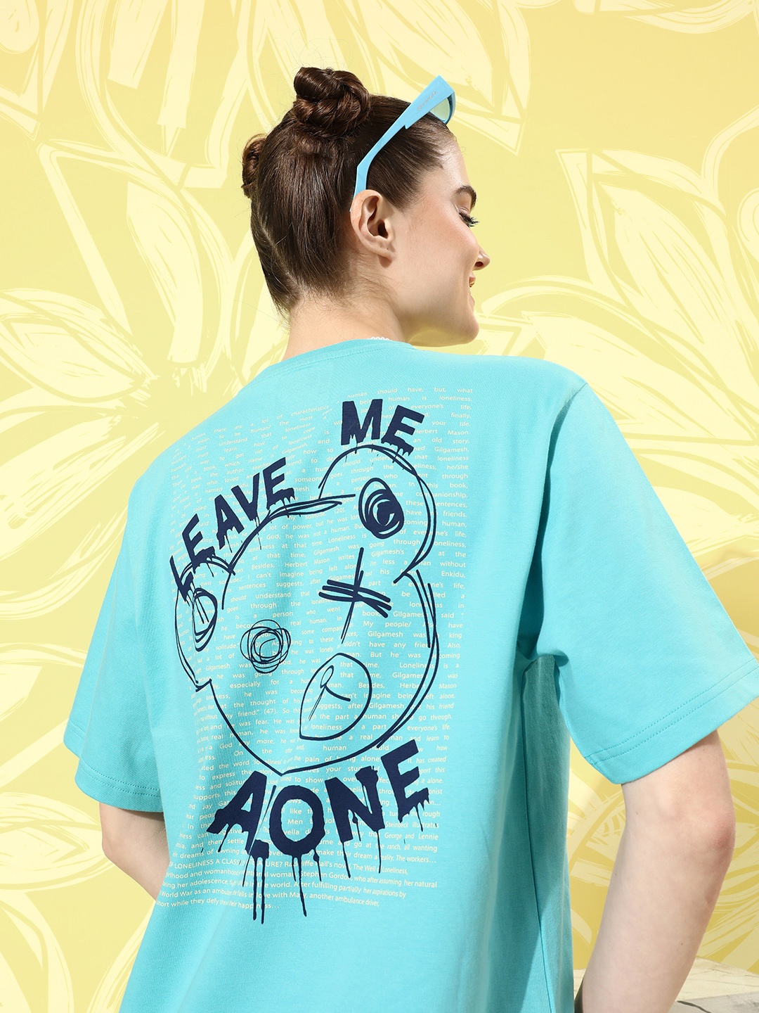 

DILLINGER Blue & Yellow Typography Printed Oversized Pure Cotton Longline T-shirt
