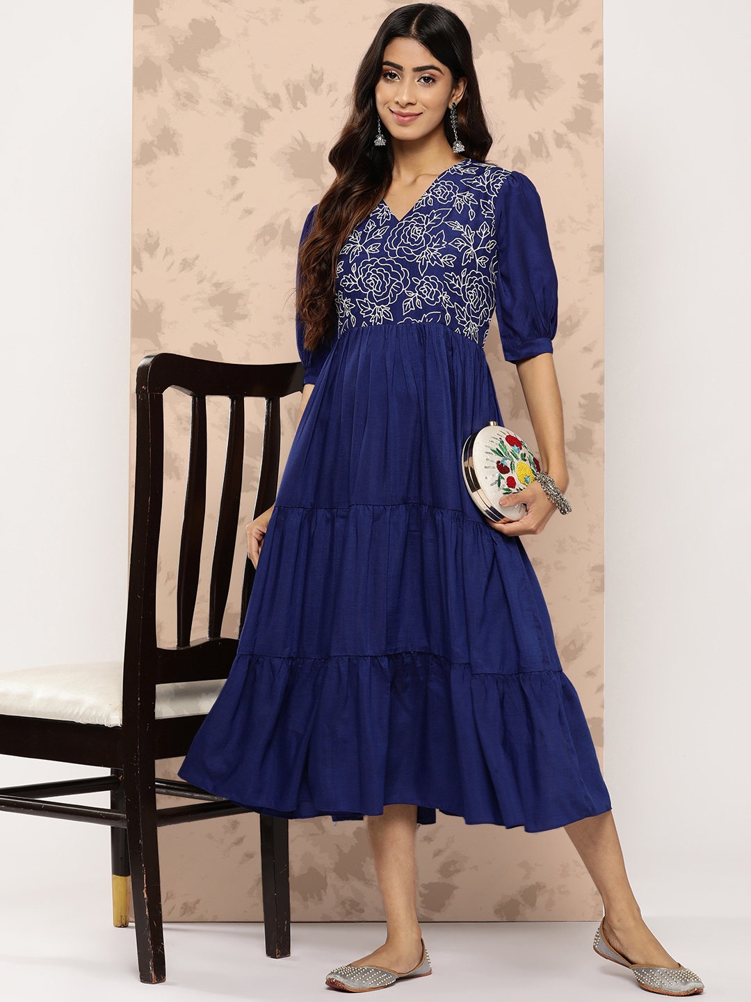 

Inddus Floral Embroidered Puff Sleeves Midi Ethnic Dress, Blue