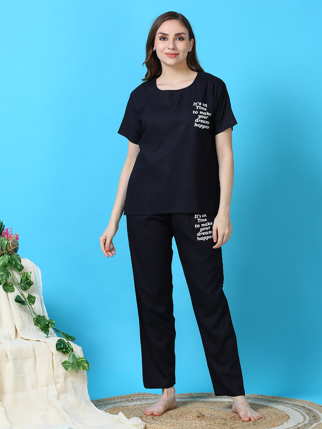 

9shines Label Typography Printed Night Suit, Navy blue