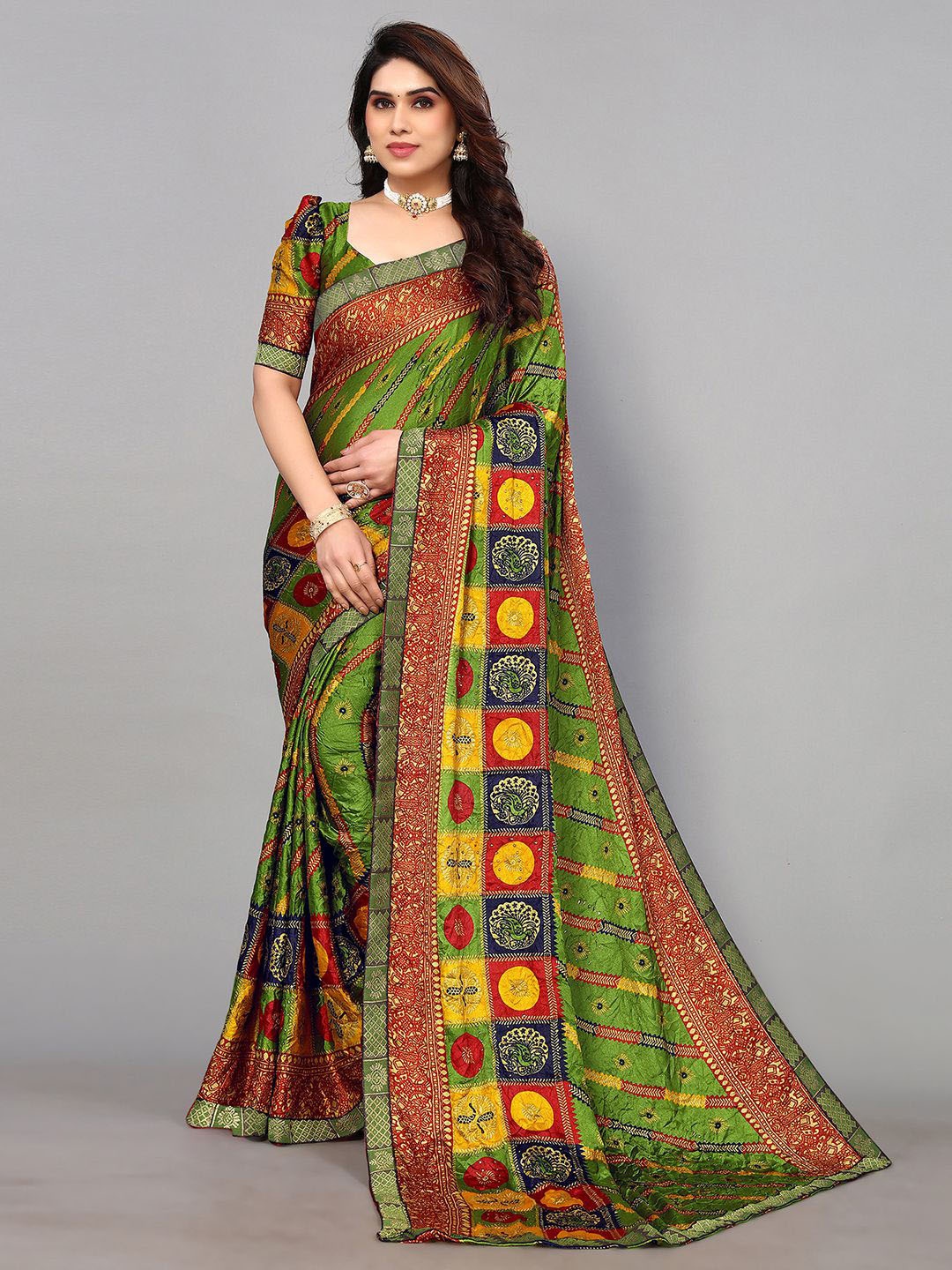 

SIRIL Ethnic Motif Printed Art Silk Saree, Green