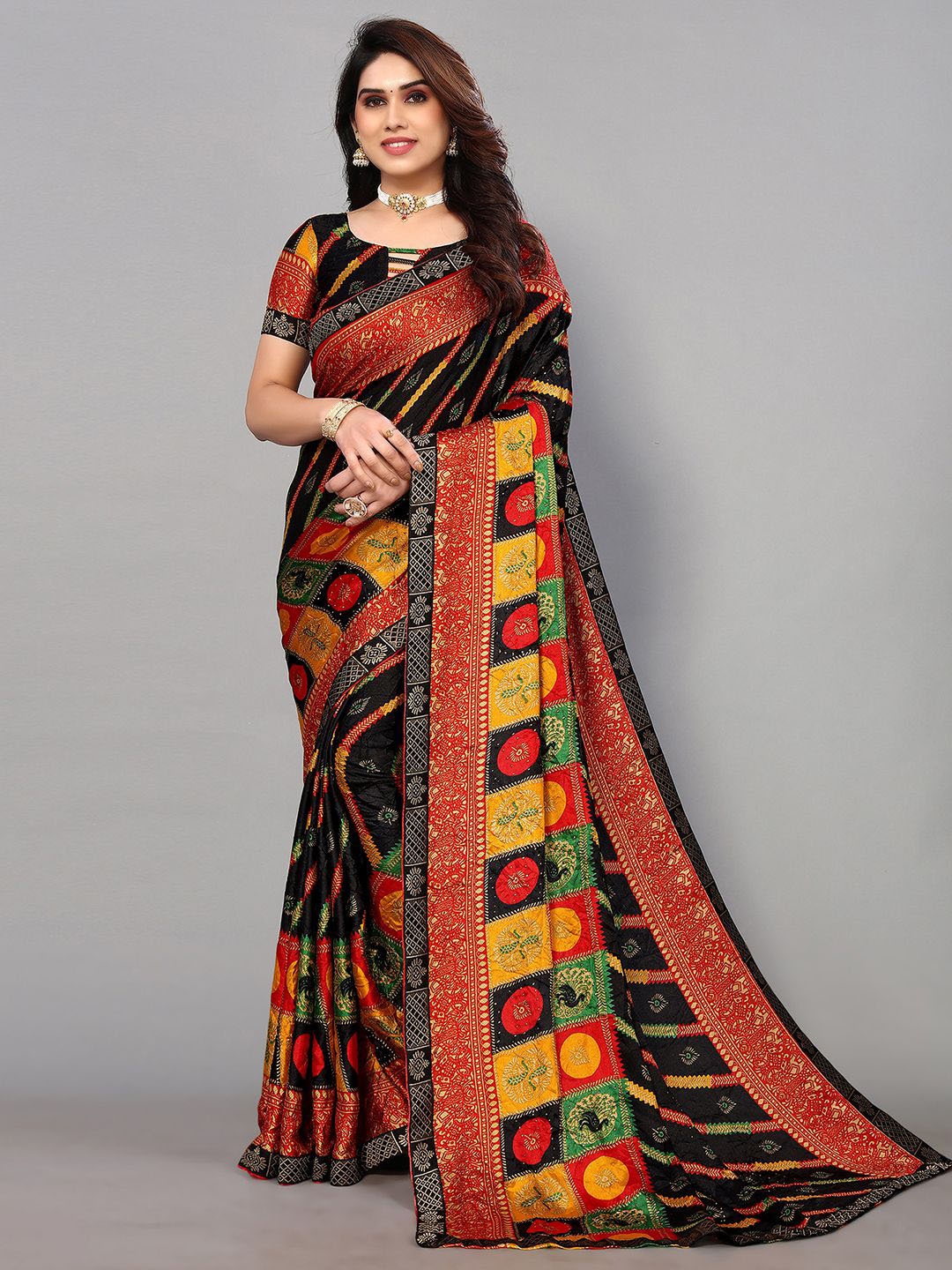 

SIRIL Ethnic Motif Printed Art Silk Saree, Black