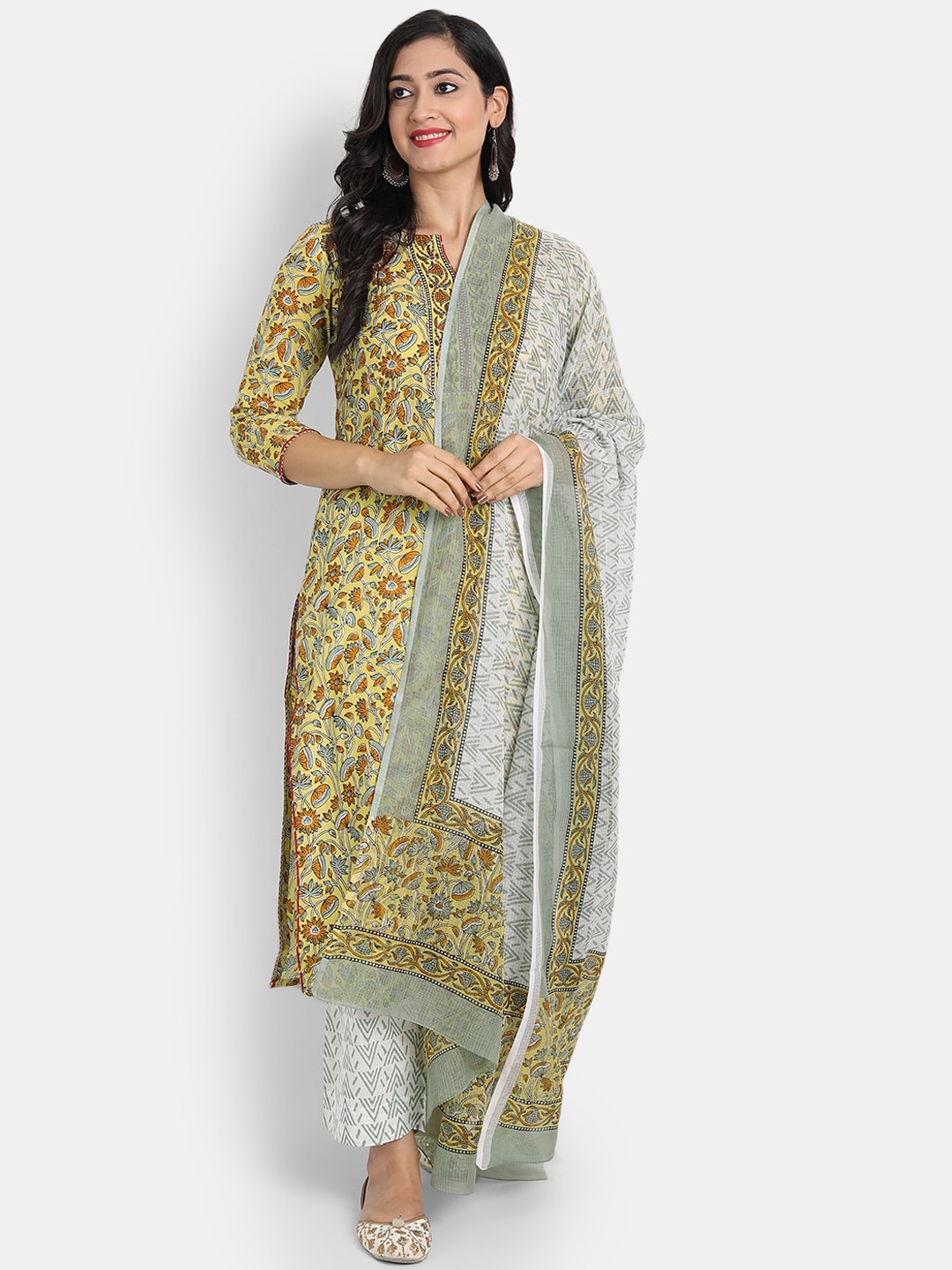 

SUTI Floral Printed Notched Neck Kurta With Palazzos & Dupatta, Yellow