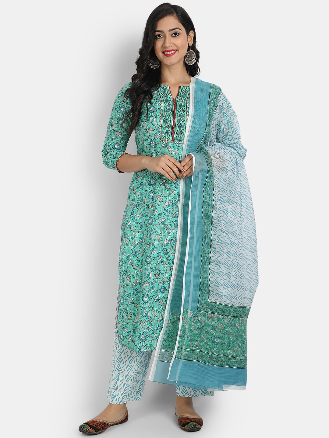 

SUTI Floral Printed Notched Neck Gotta Patti Kurta With Palazzos & Dupatta, Sea green