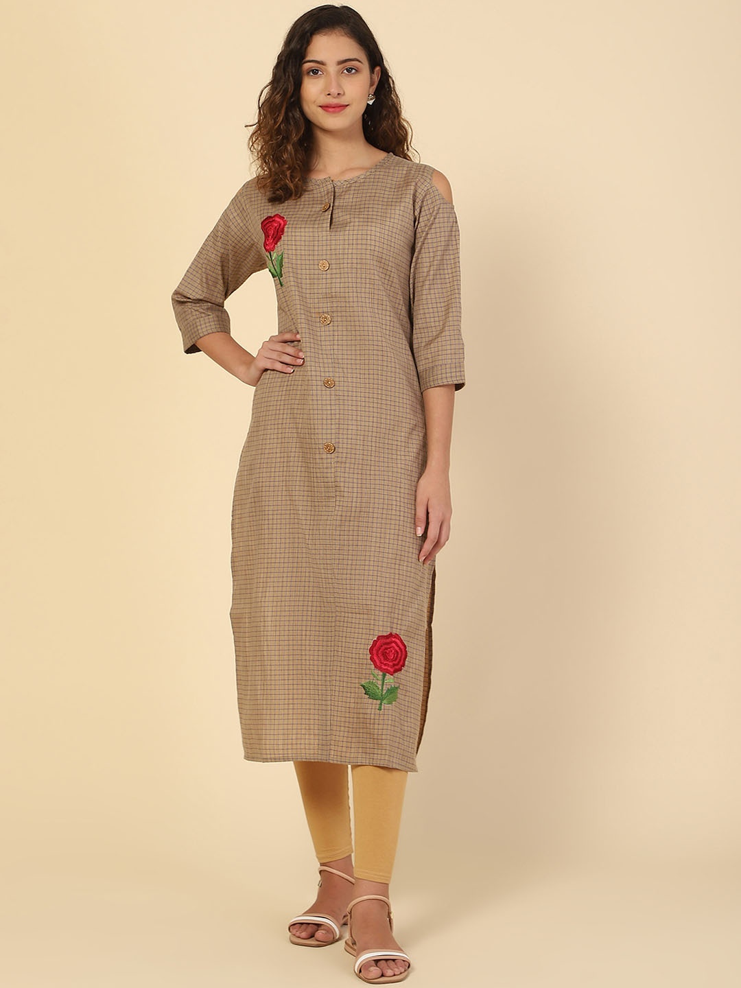 

VAIRAGEE Checked Thread Work Cold Shoulder Sleeves Pure Cotton Kurta, Camel brown