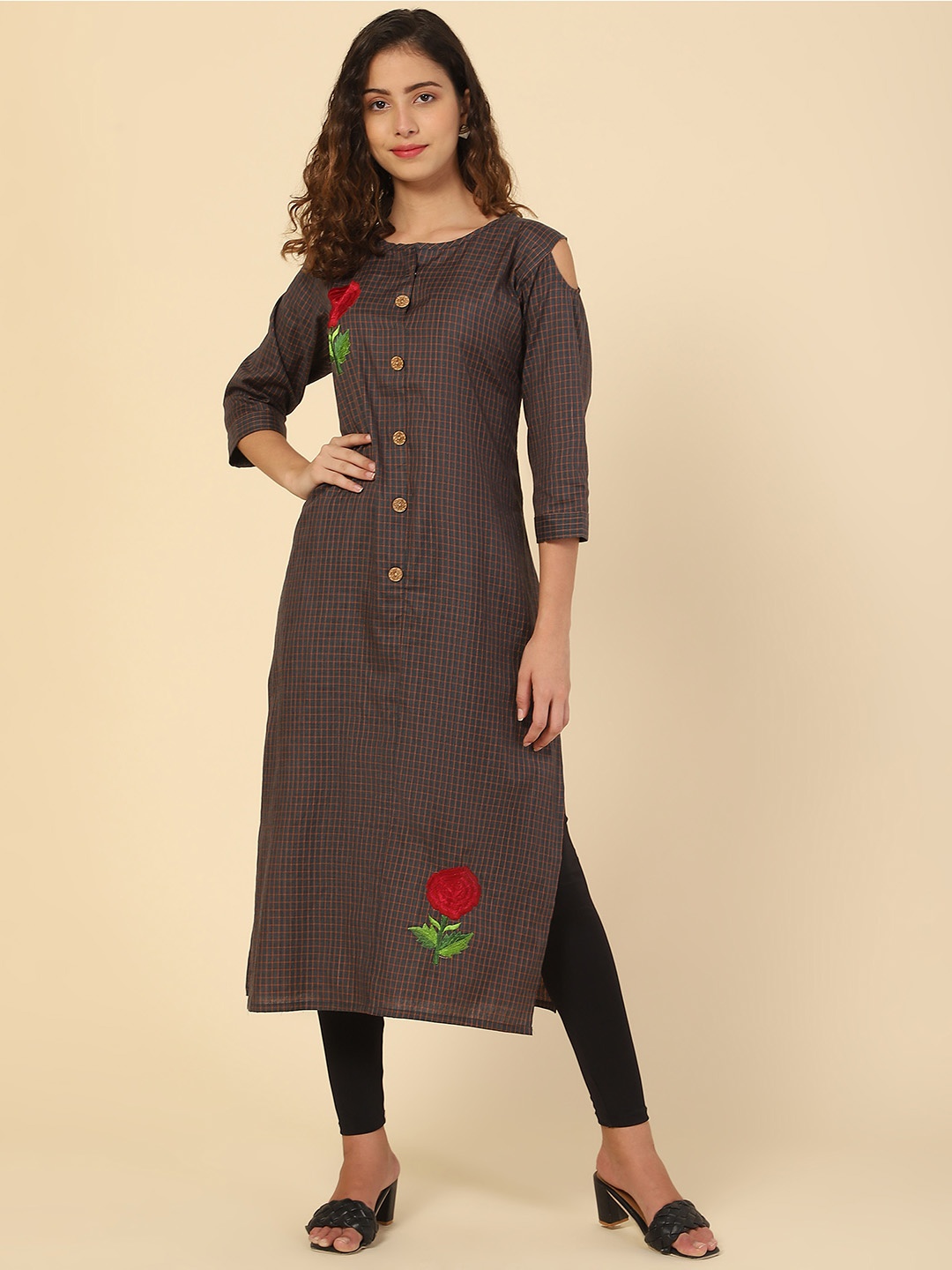 

VAIRAGEE Checked Thread Work Cold Shoulder Sleeves Pure Cotton Kurta, Brown