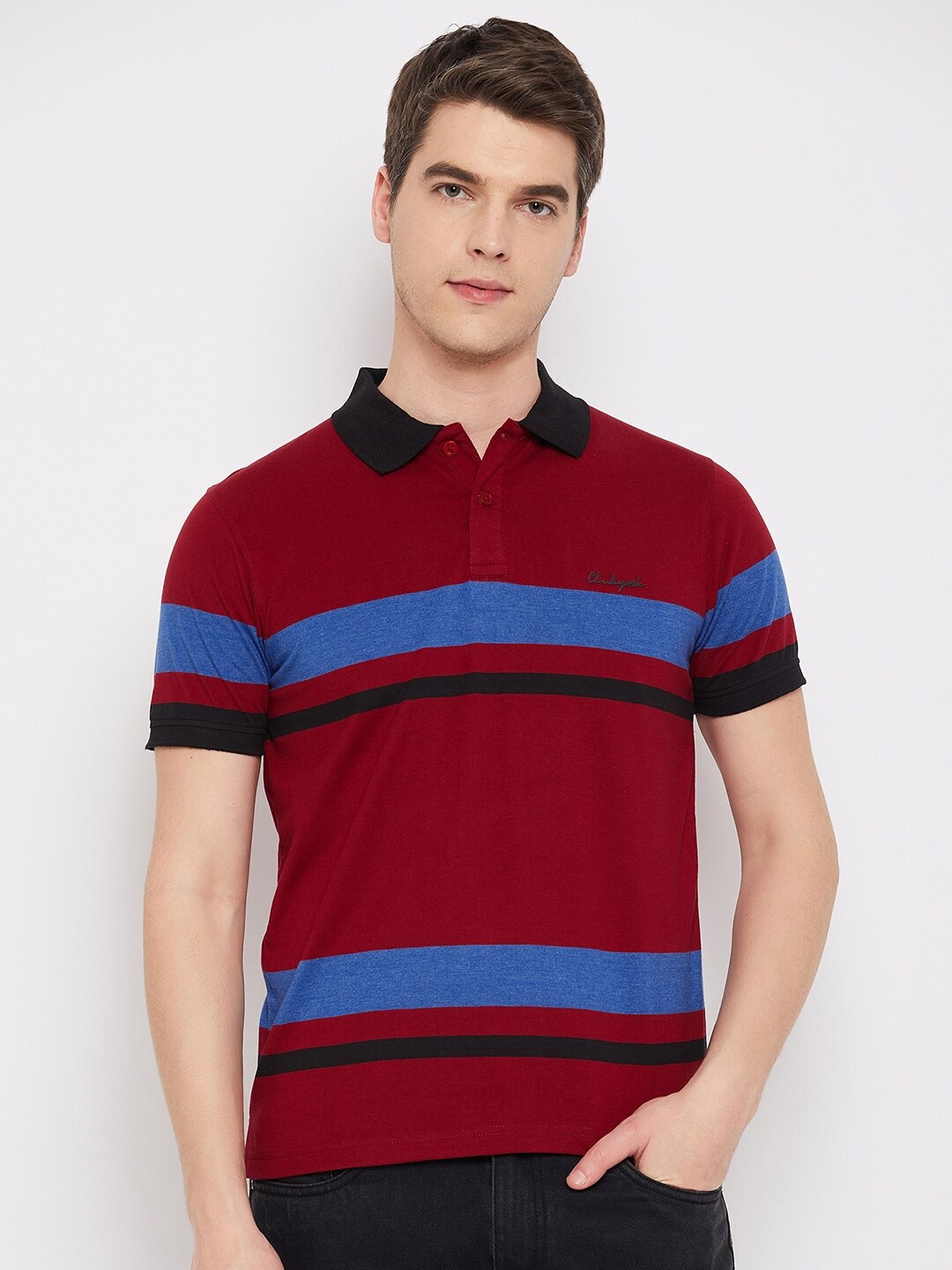

Club York Striped Polo Collar Cotton T-shirt, Maroon