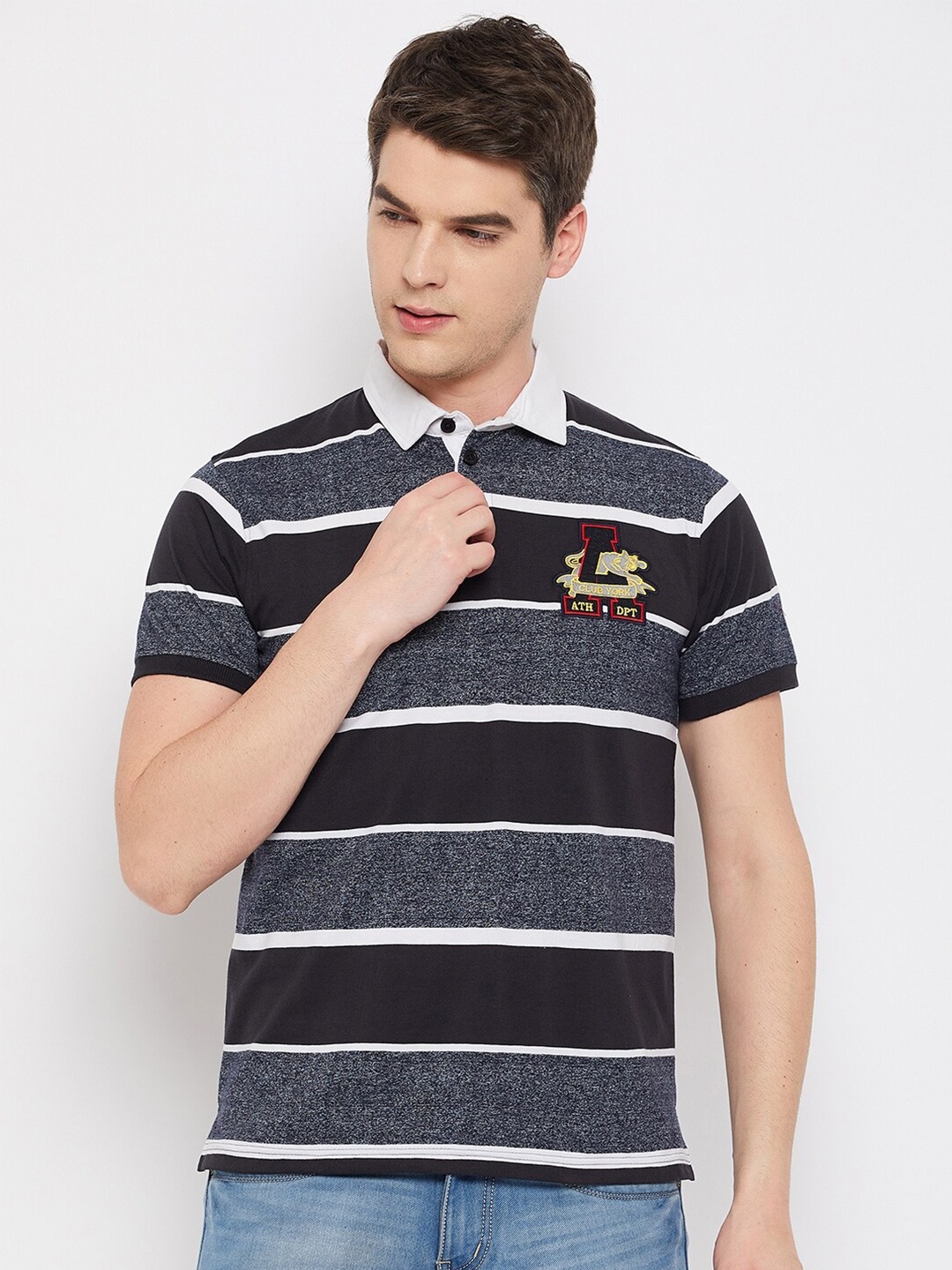 

Club York Striped Polo Collar Cotton T-shirt, Navy blue