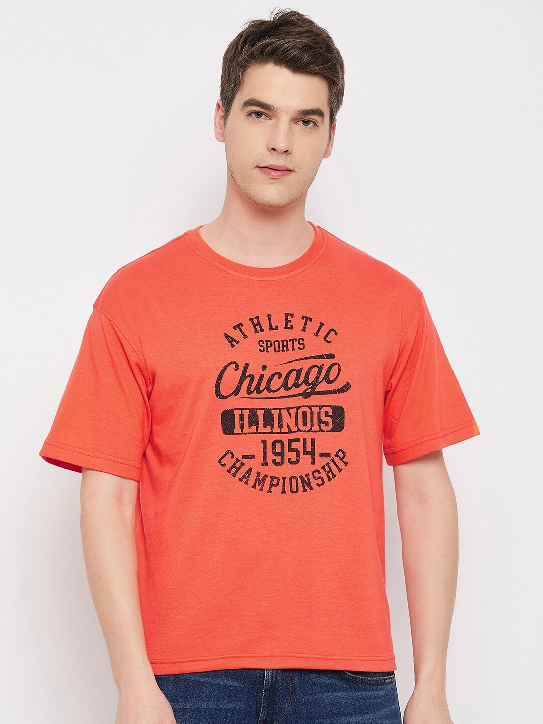 

Club York Typography Printed Drop Shoulder Sleeves Cotton T-shirt, Orange
