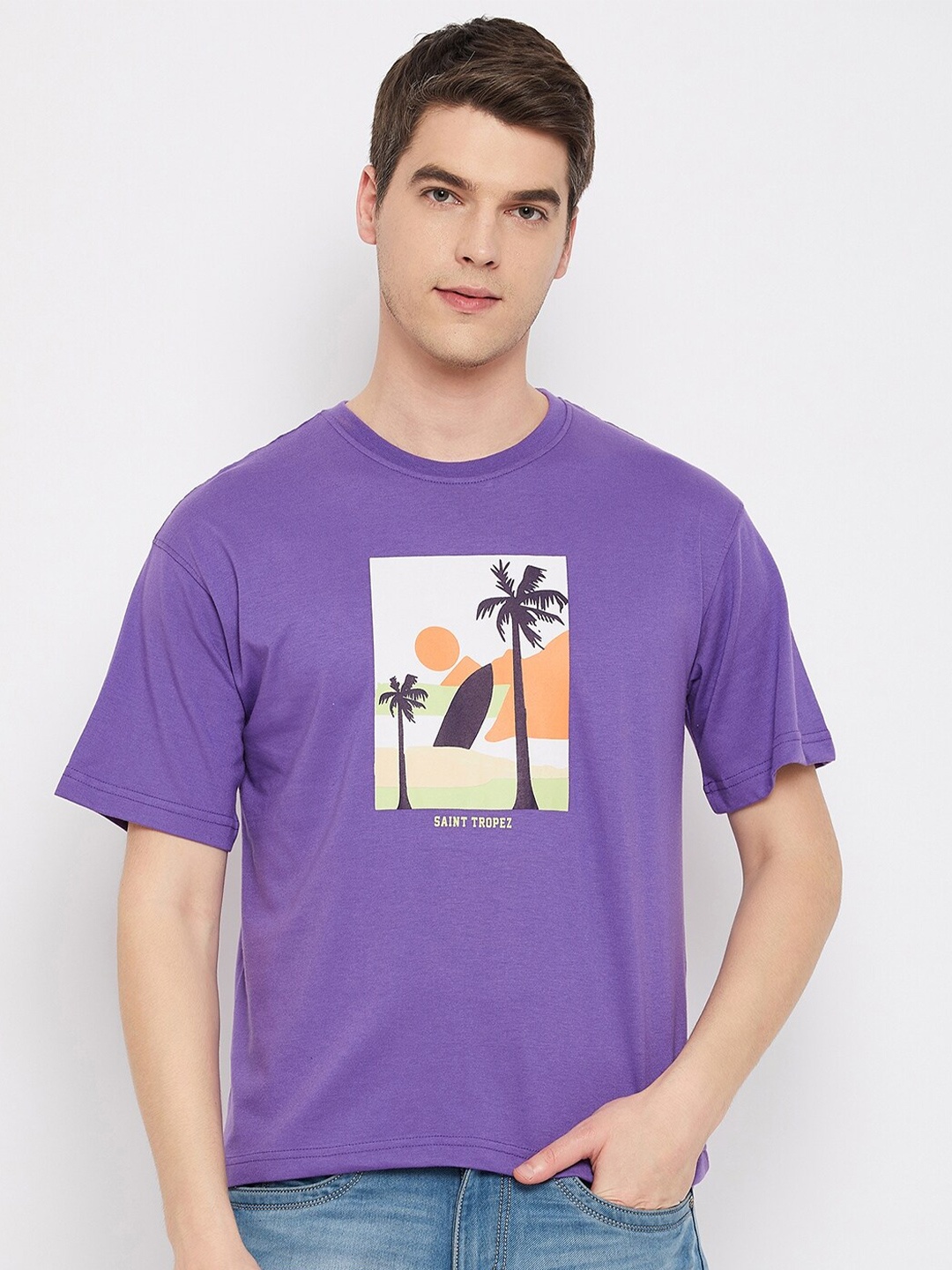 

Club York Graphic Printed Drop Shoulder Sleeves Cotton T-shirt, Purple