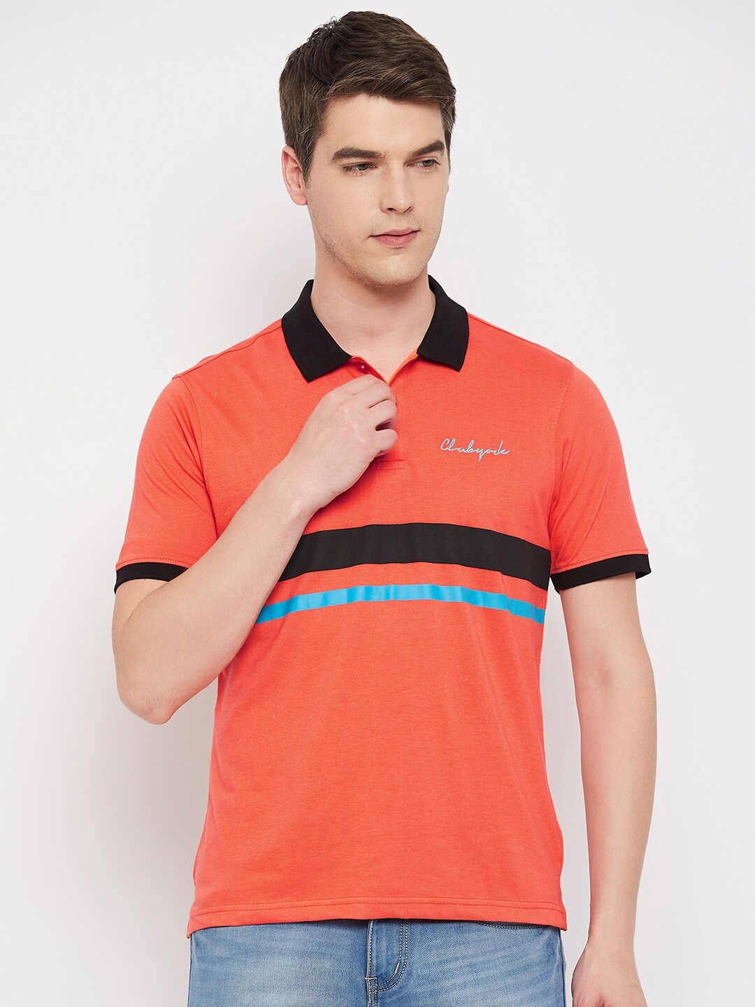 

Club York Colourblocked Polo Collar Cotton T-shirt, Coral