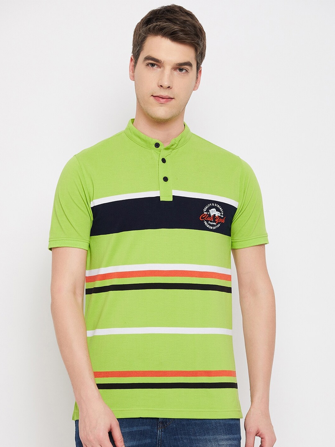 

Club York Striped Polo Collar Cotton T-shirt, Green