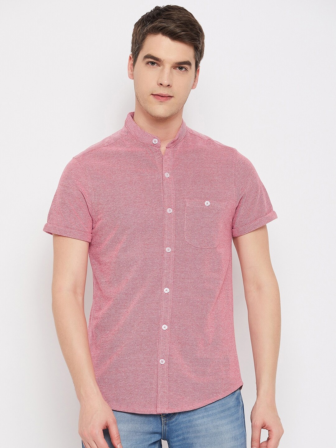 

Club York Mandarin Collar Cotton Casual Shirt, Coral