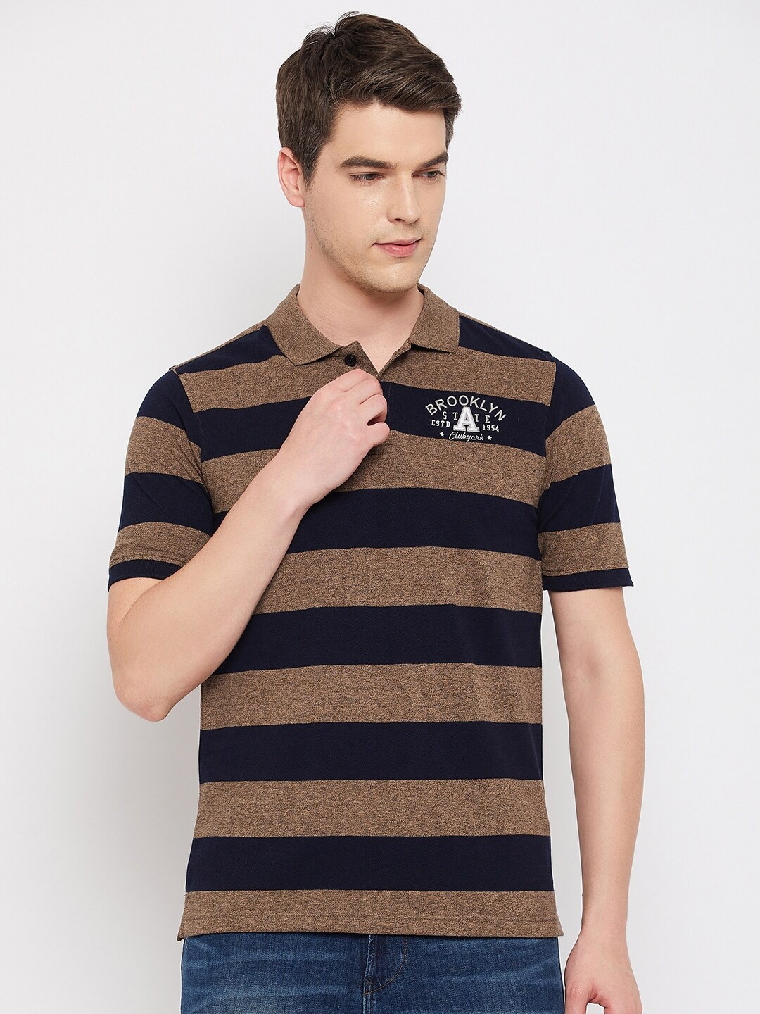 

Club York Vertical Striped Polo Collar Cotton T-Shirt, Brown