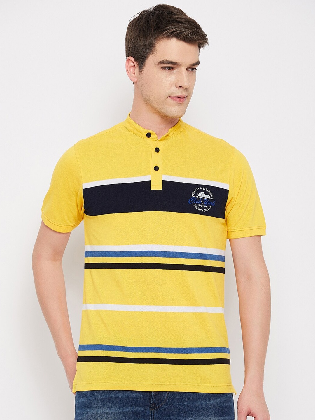

Club York Striped Mandarin Collar Cotton T-shirt, Yellow