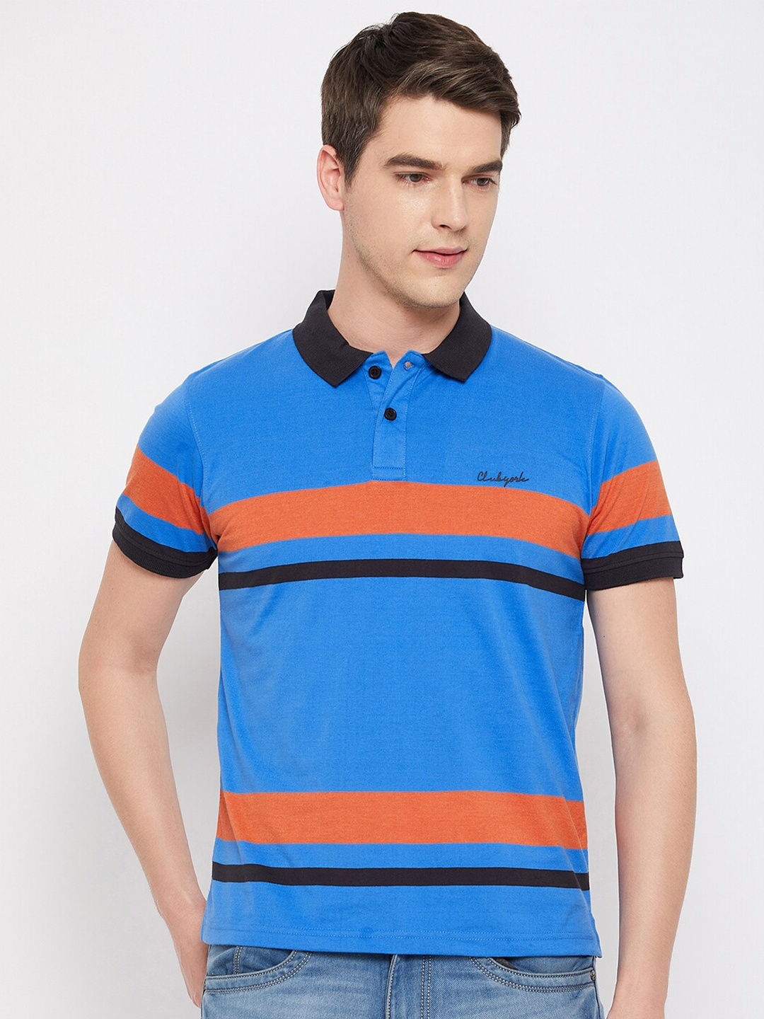 

Club York Striped Polo Collar Cotton T-shirt, Blue