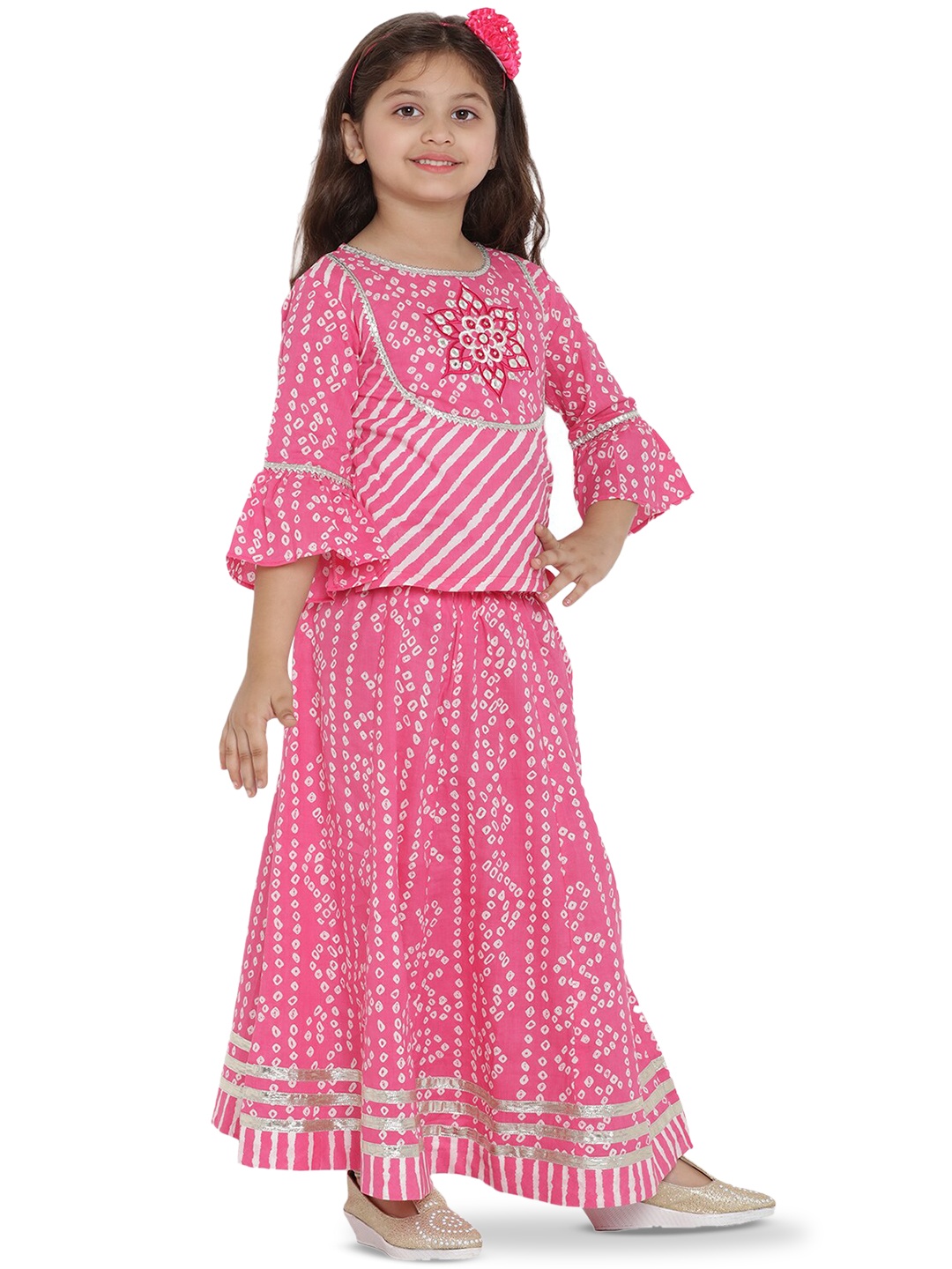 

Bitiya by Bhama Girls Bandhej Printed Ready to Wear Lehenga & Blouse With Dupatta, Pink