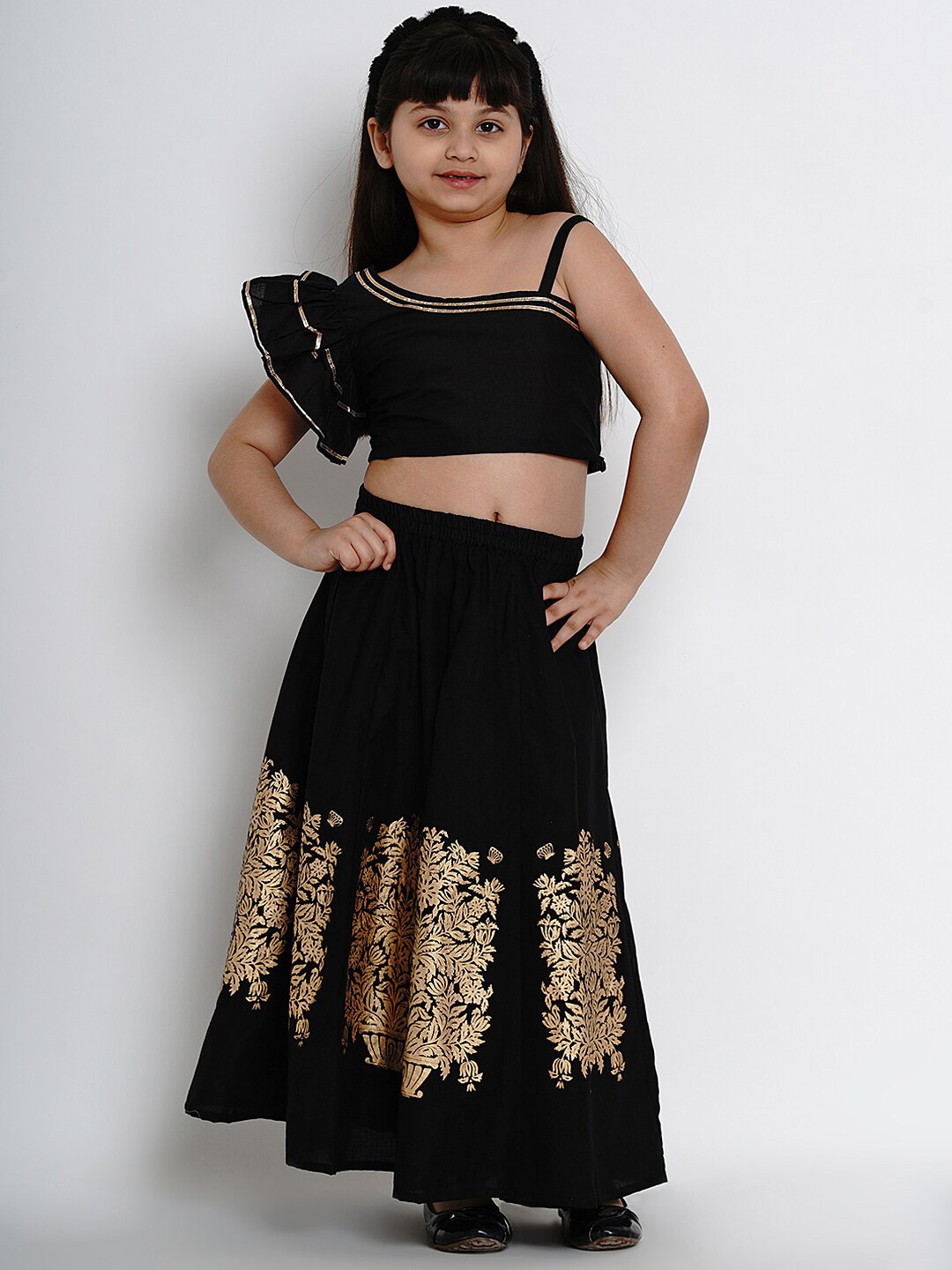 

Bitiya by Bhama Girls Foil Printed Ready to Wear Lehenga with Blouse, Black