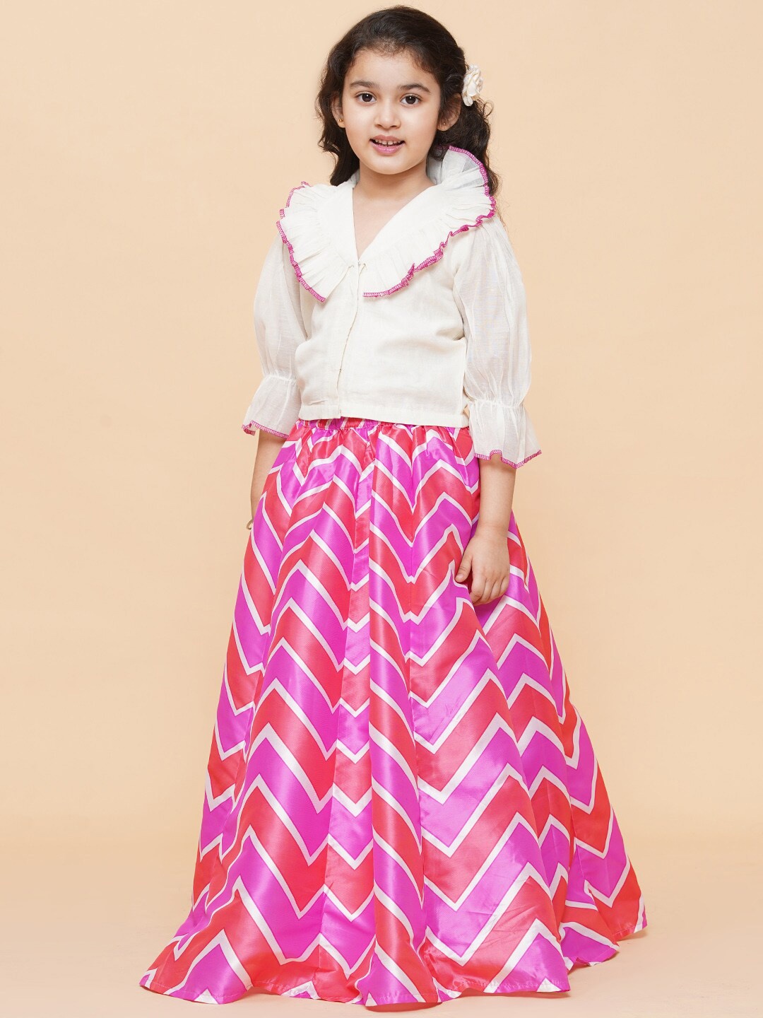 

Bitiya by Bhama Girls Leheriya Printed Ready to Wear Lehenga & Blouse, White