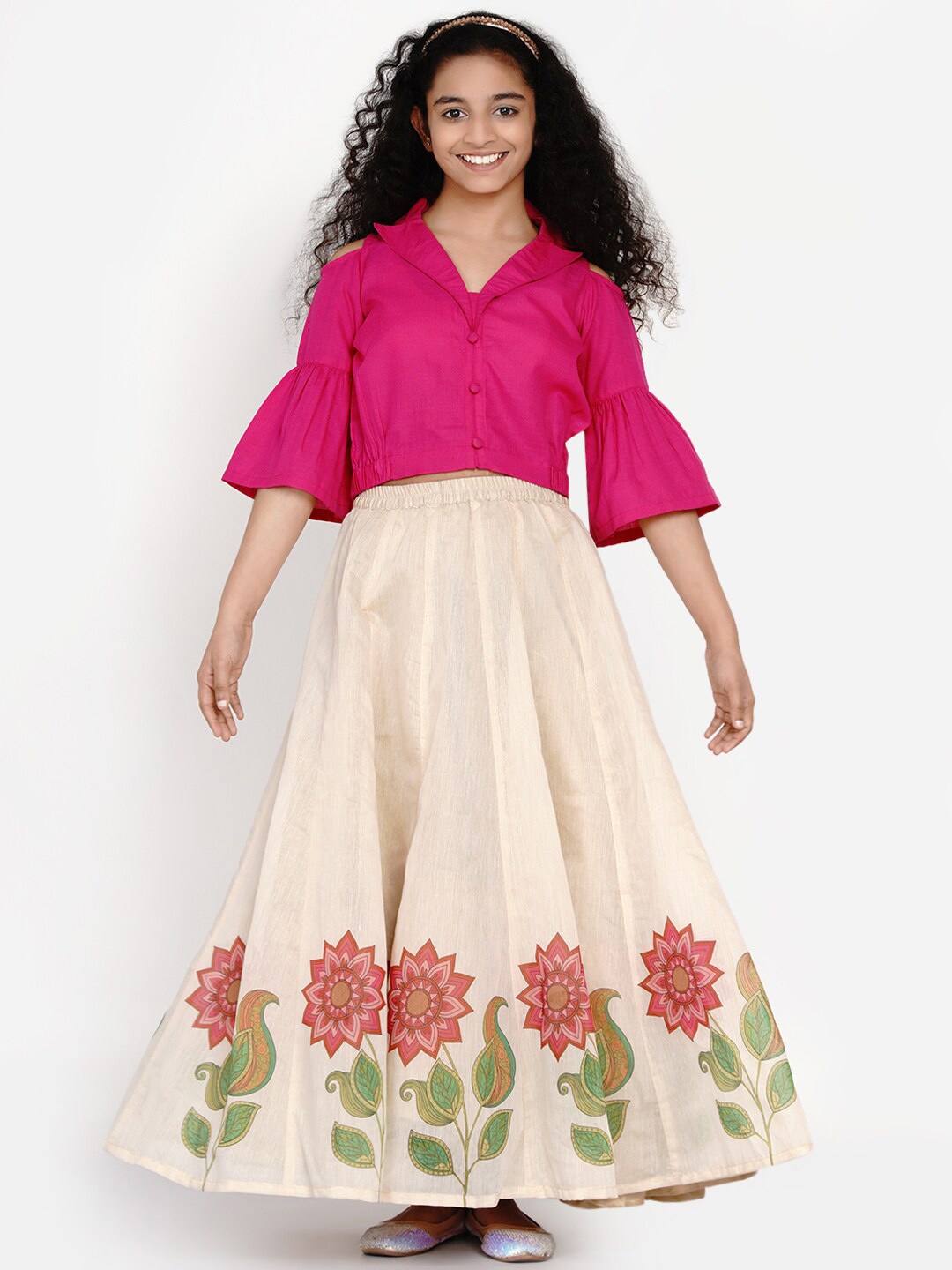 

Bitiya by Bhama Teens Girls Block Printed Ready to Wear Lehenga & Blouse, Pink