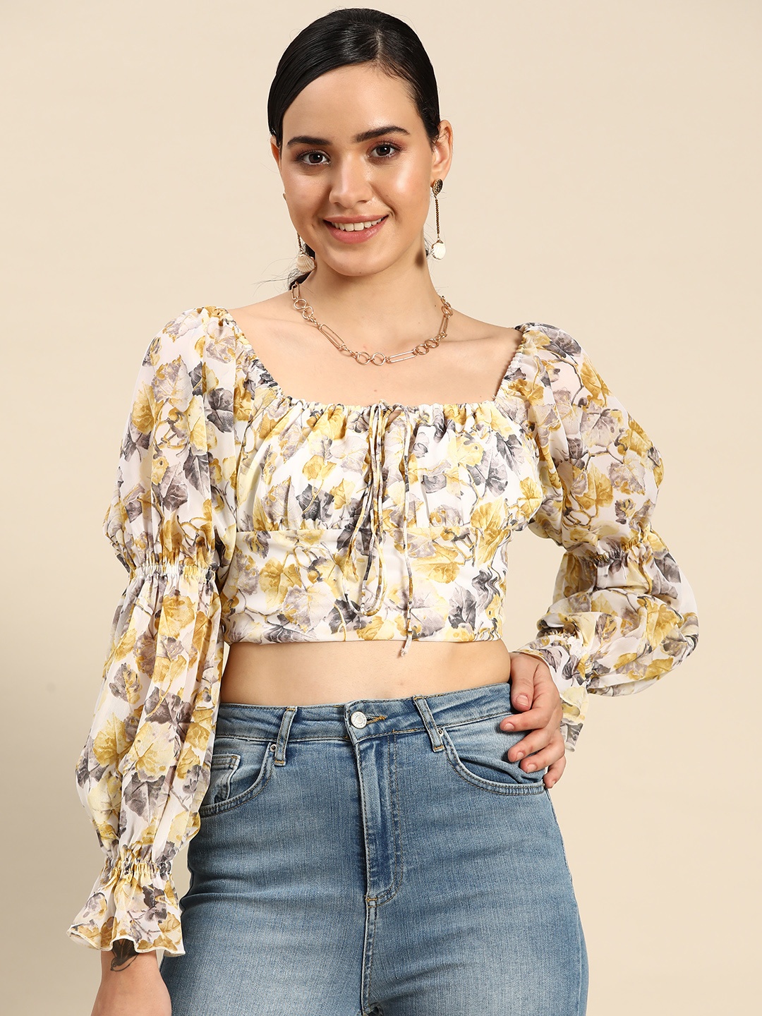 

DODO & MOA Floral Print Puff Sleeves Georgette Crop Top, Beige