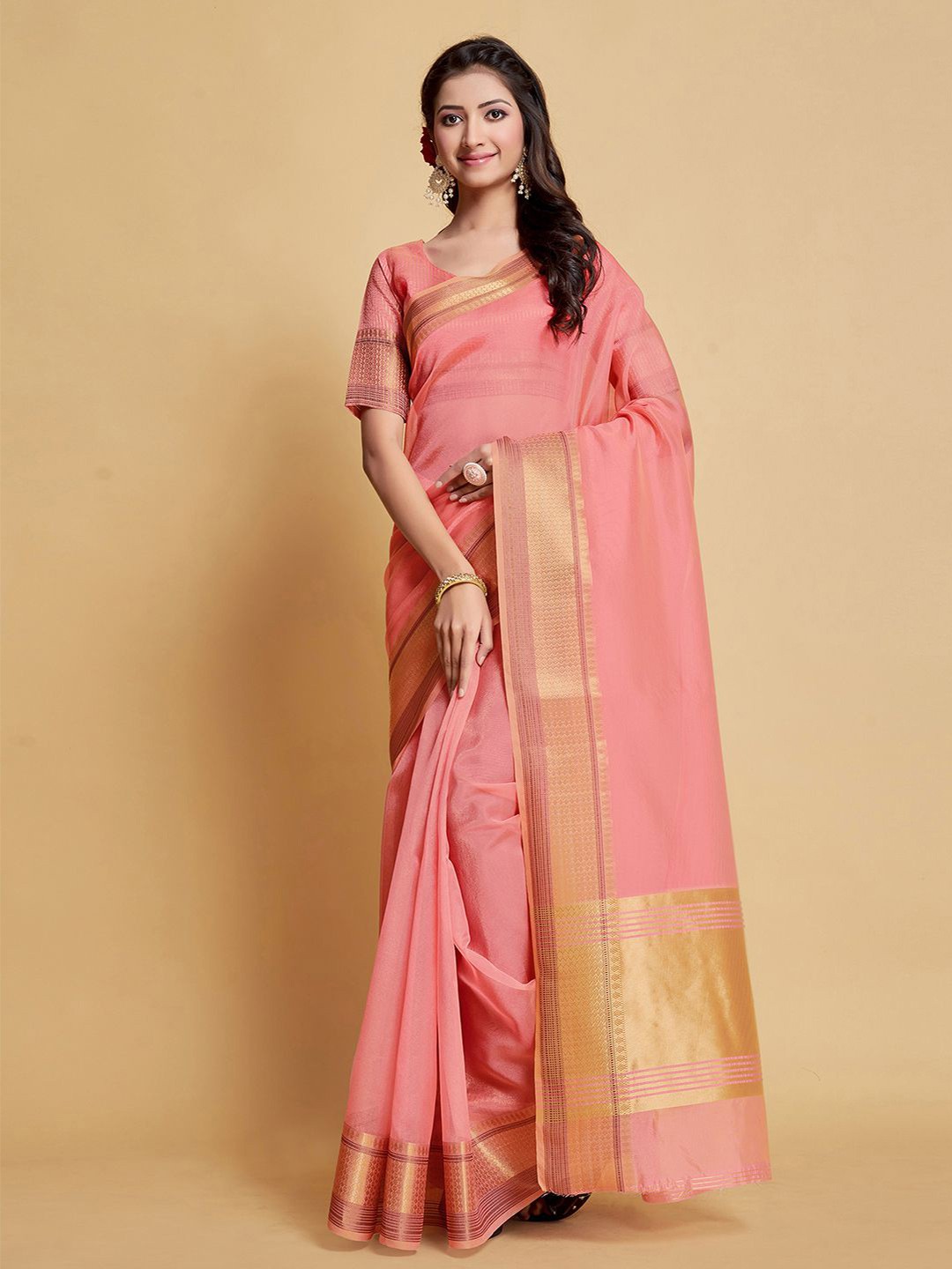 

Mitera Organza Zari Saree With Woven Border, Pink