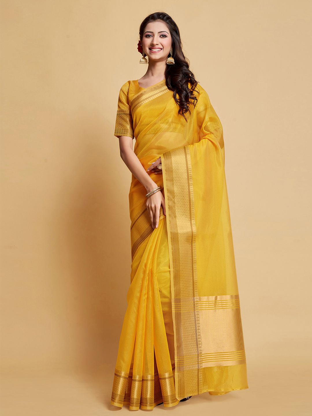 

Mitera Organza Zari Saree With Woven Border, Yellow