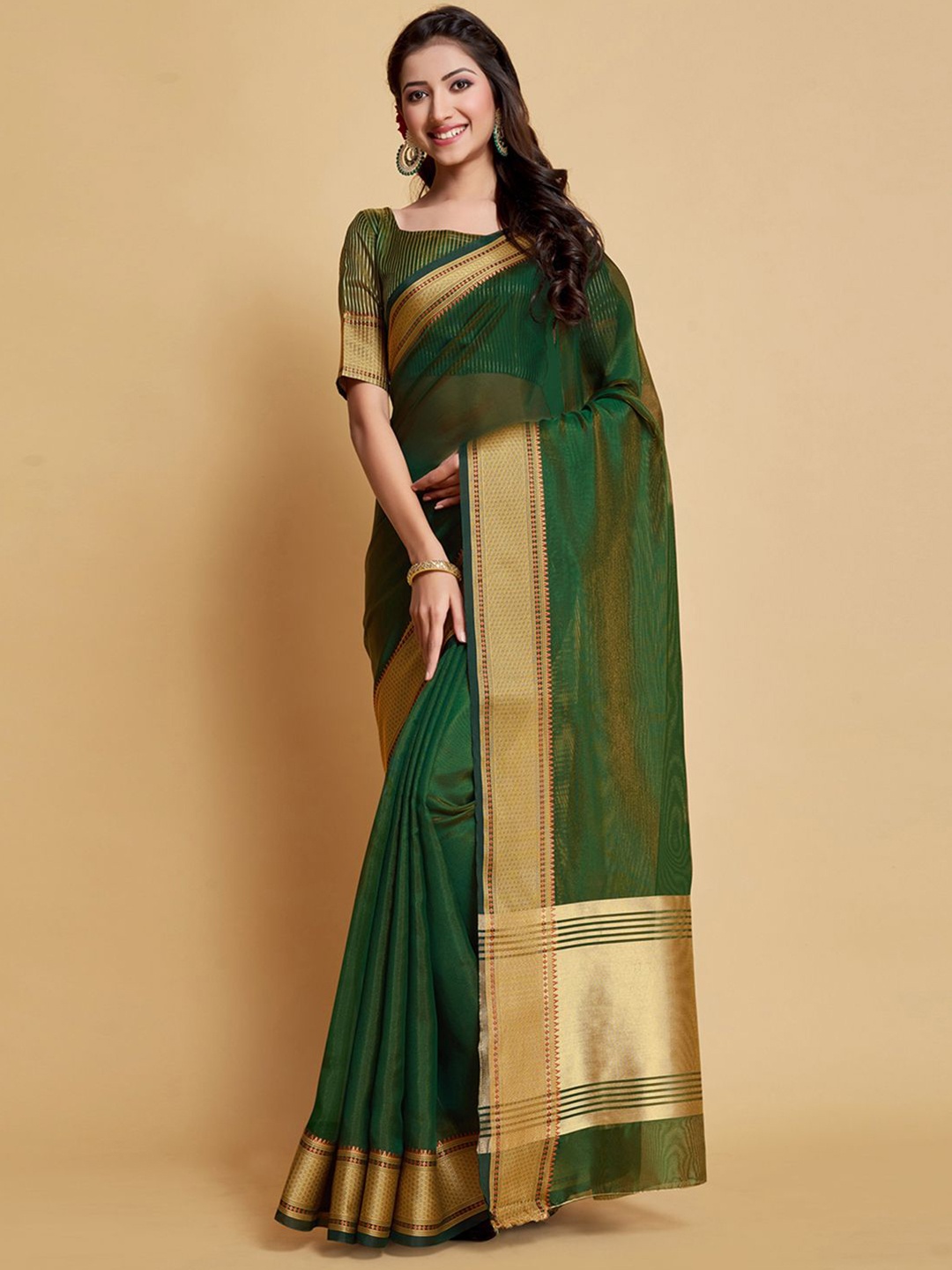 

Mitera Organza Zari Saree With Woven Border, Green