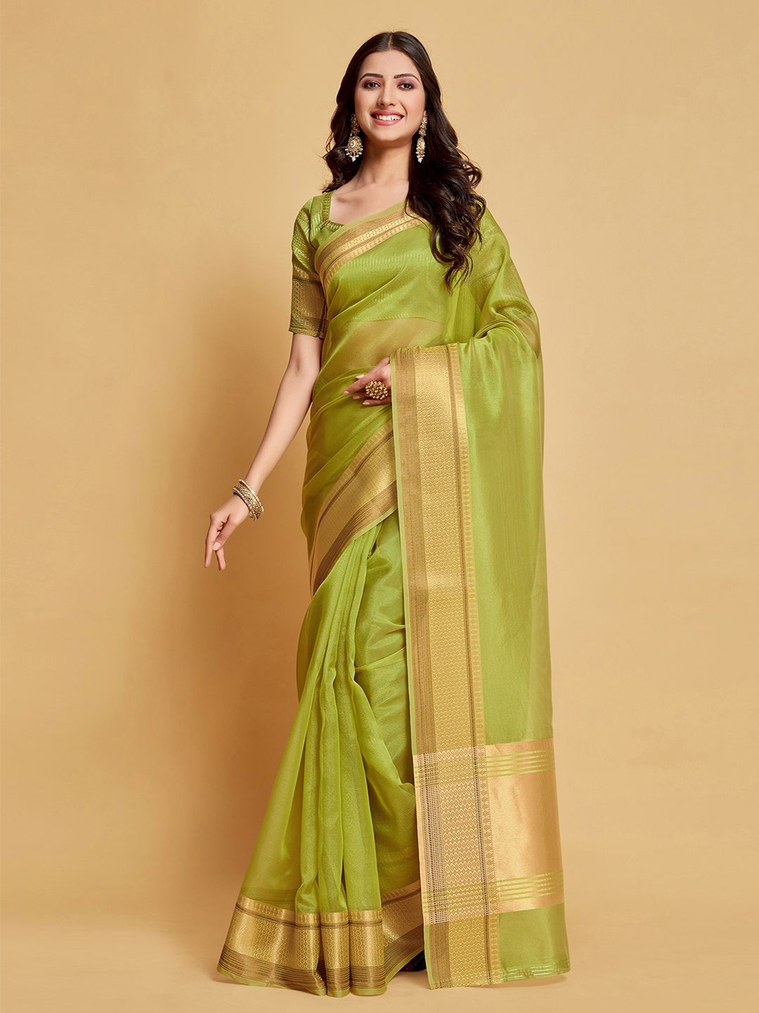 

Mitera Organza Zari Saree With Woven Border, Green