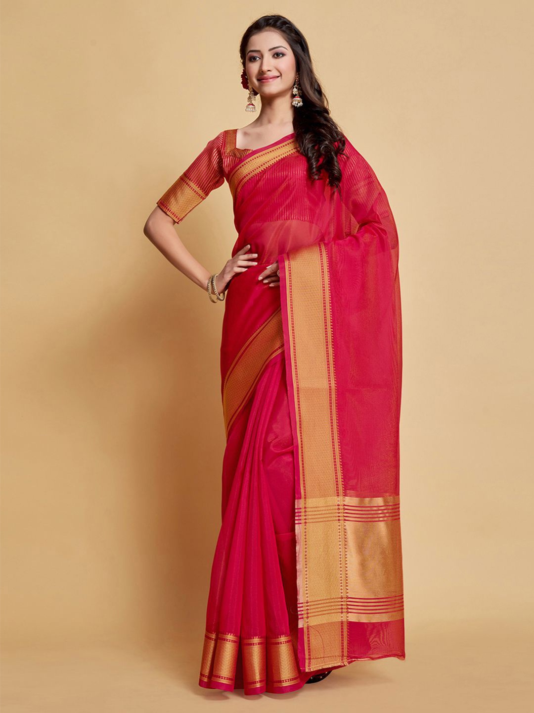 

Mitera Zari Organza Saree With Blouse Piece, Pink