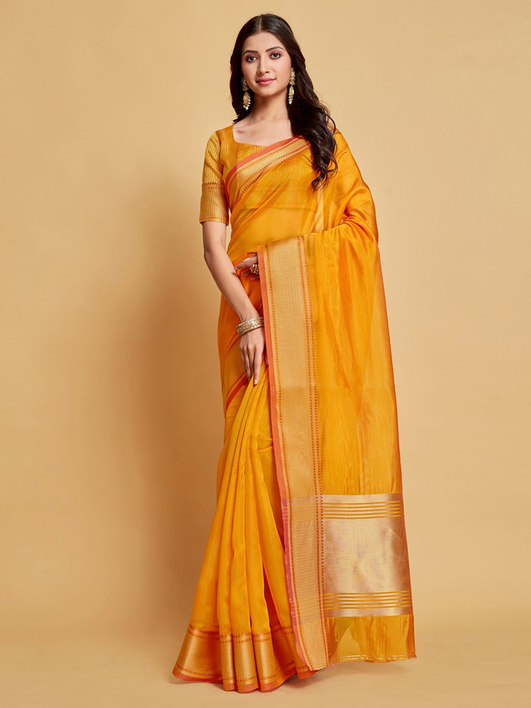 

Mitera Organza Zari Saree With Woven Border, Yellow
