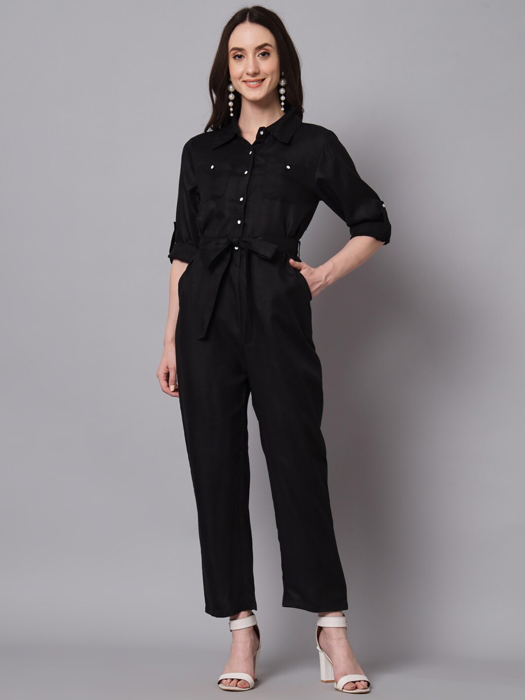 

The Dry State Shirt Collar Roll Up Sleeves Waist Tie Ups Cotton Basic Jumpsuit, Black