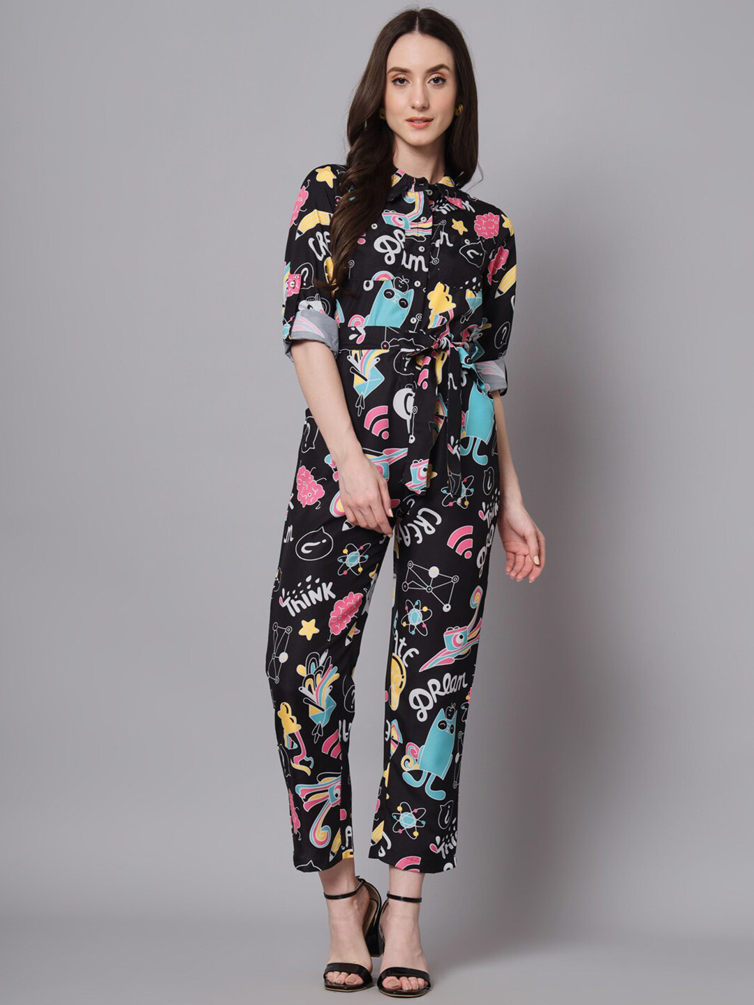 

The Dry State Printed Shirt Collar Roll Up Sleeves Waist Tie Ups Basic Jumpsuit, Black